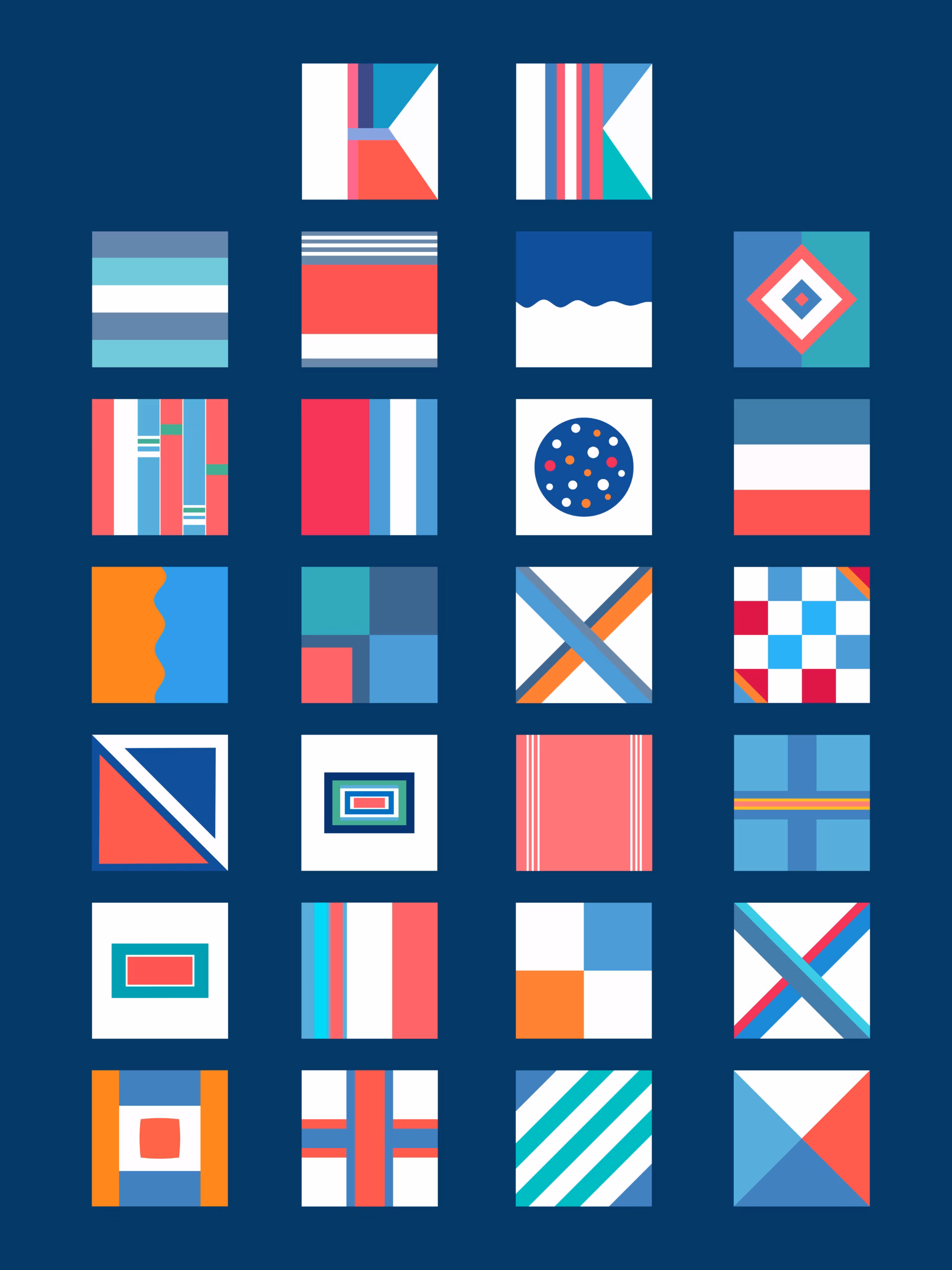 A series of artworks of nautical flags in a minimalist style with bold colors, against a blue backround
