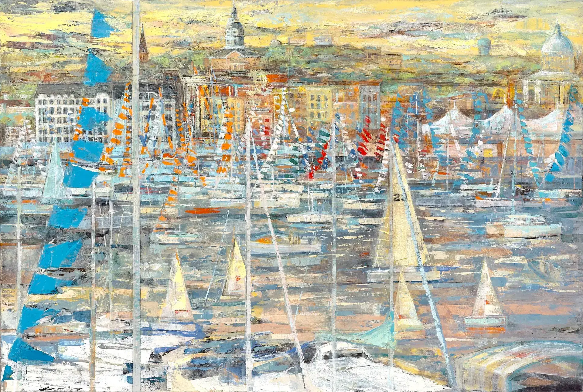 Nautical painting of the Annapolis Sail Boat Show with sailing boats and a view of the Annapolis skyline, ambient color scheme with bright colored aspects to show flag and reflections by coastal landscape artist Jo Fleming.