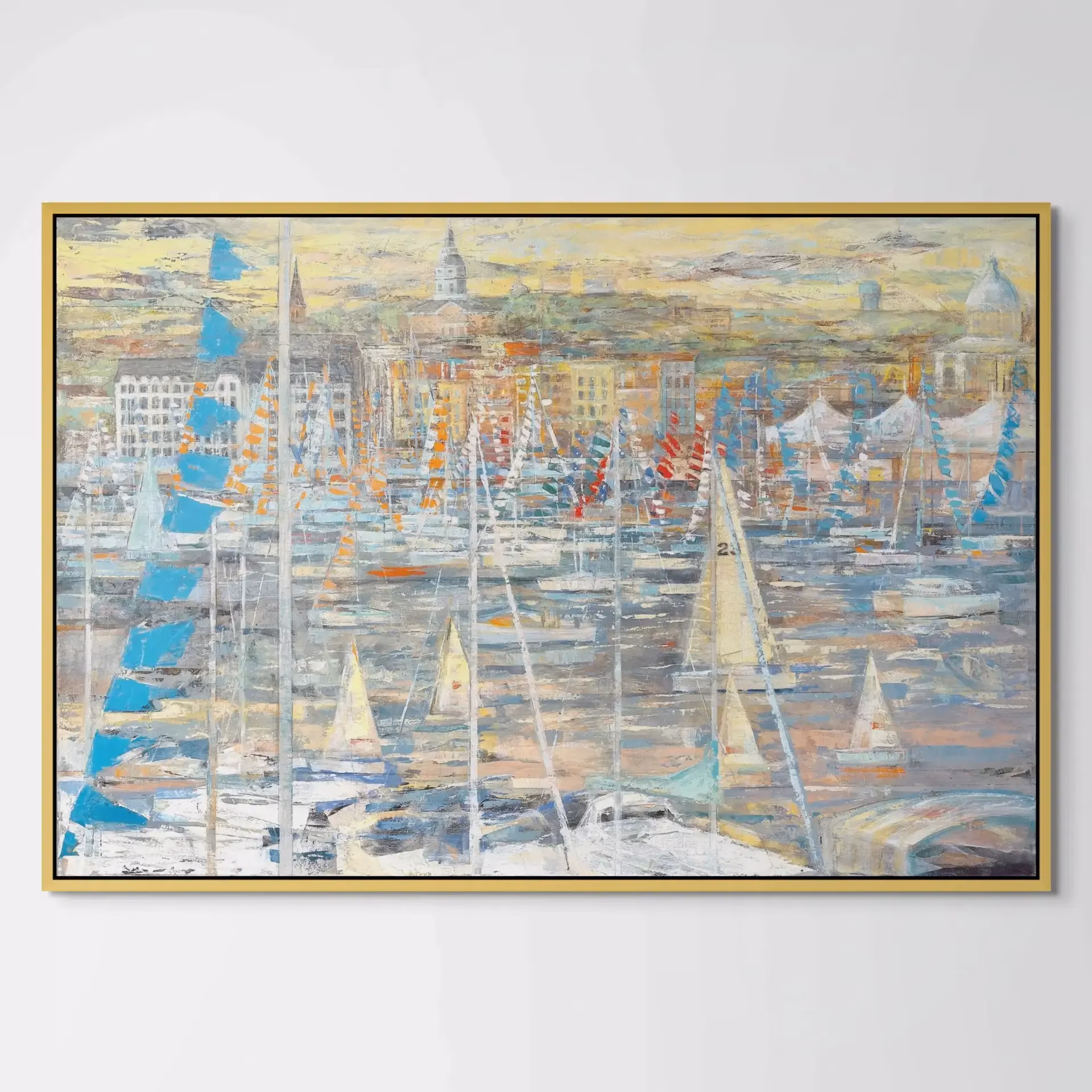 Fine art print of annapolis sail boat show i with city of Annapolis Backdrop and colorful flags in a gold frame by Jo Fleming