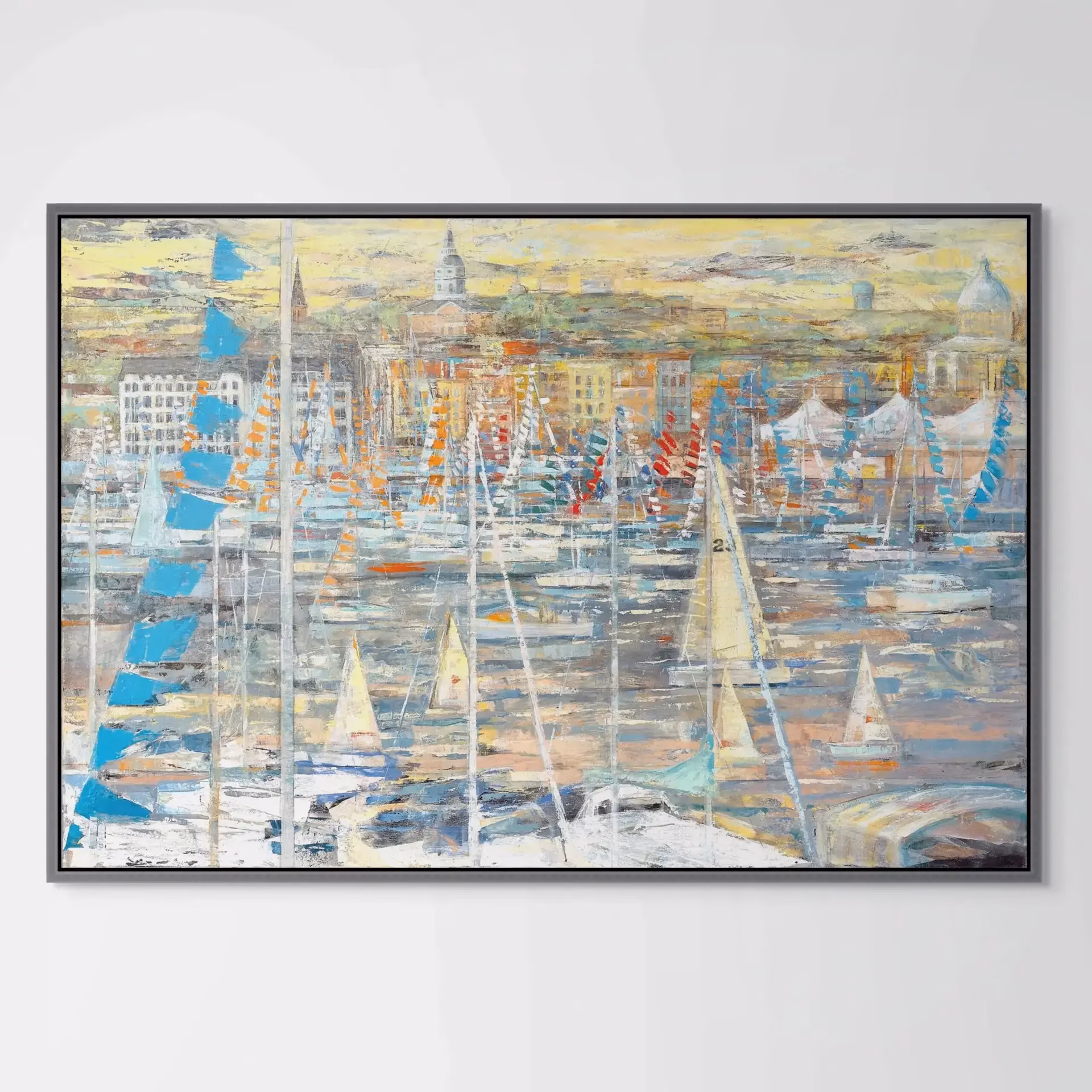 Sail boat print of Annapolis skyline during the sailboat show view of the yacht harbor with in gray pewter frame by artist Jo Fleming
