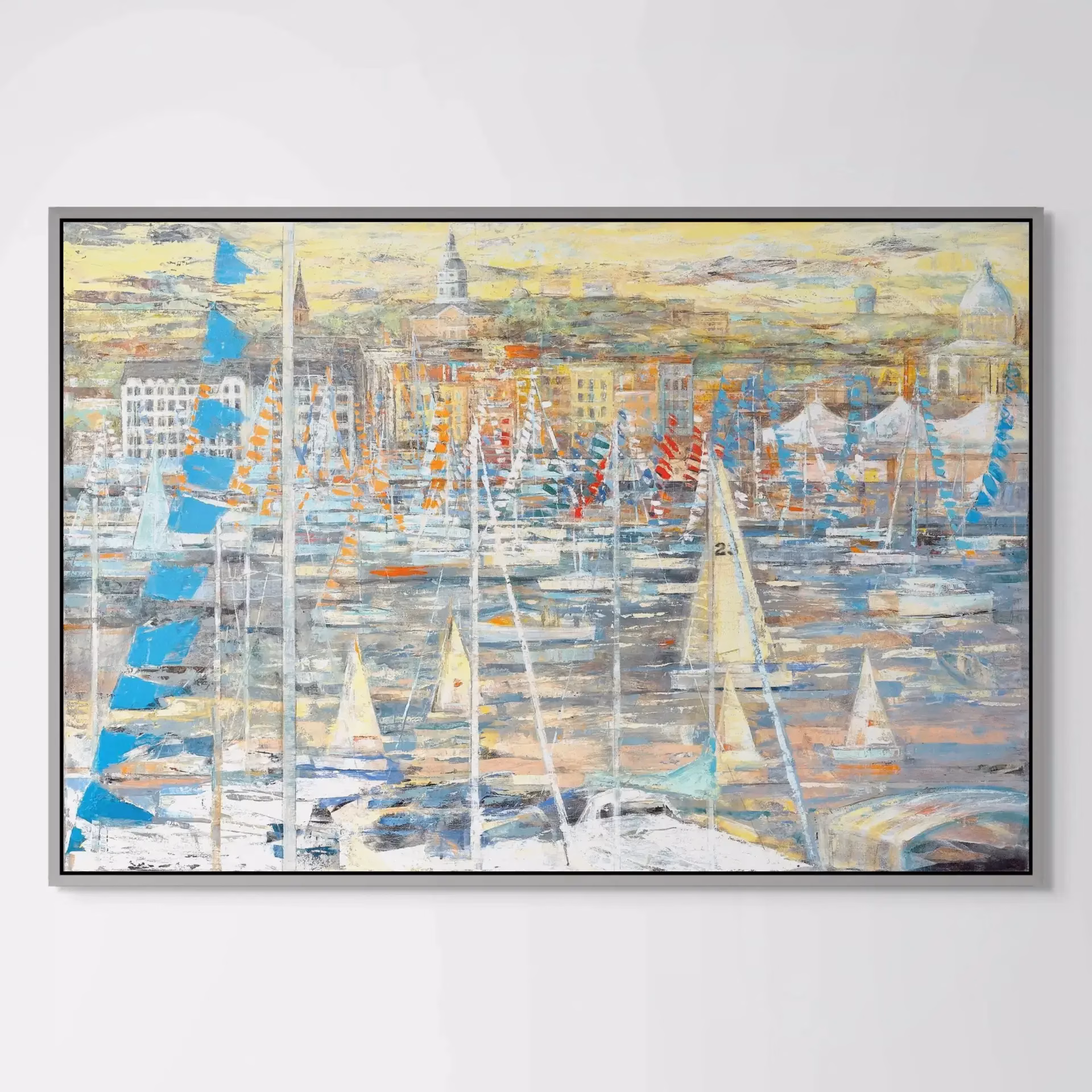 Framed painting of Annapolis skyline during the sail boat show with sail boats racing in foreground, textured layers of water colors blues grays pinks in front of annapolis skyscape of landmarks with yellow and greens, accents of bright colored flags.