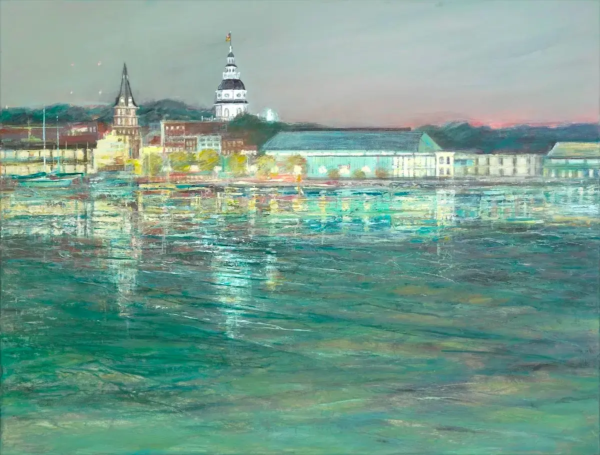 Annapolis coastal cityscape painting of City Dock from the yacht harbor including Maryland State House and Bancroft Hall reflections after sunset in greens, teal, blues and layers of colors by artist Jo Fleming called "Annapolis Nocturne 1".