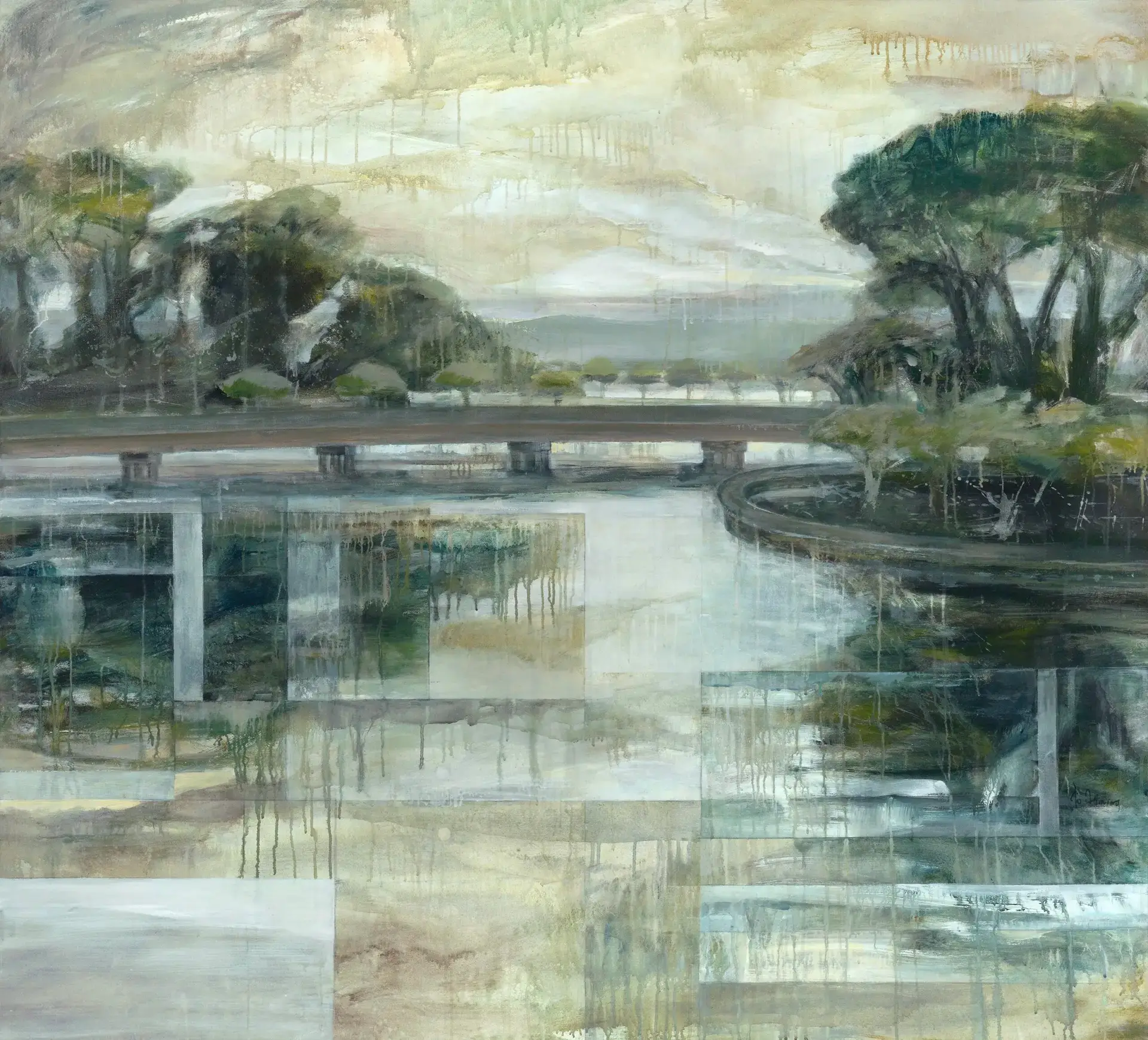 Abstract landscape painting of College Creek with bridge and trees in the distant with layers of blues, greens, grays, browns and beiges by artist Jo Fleming.