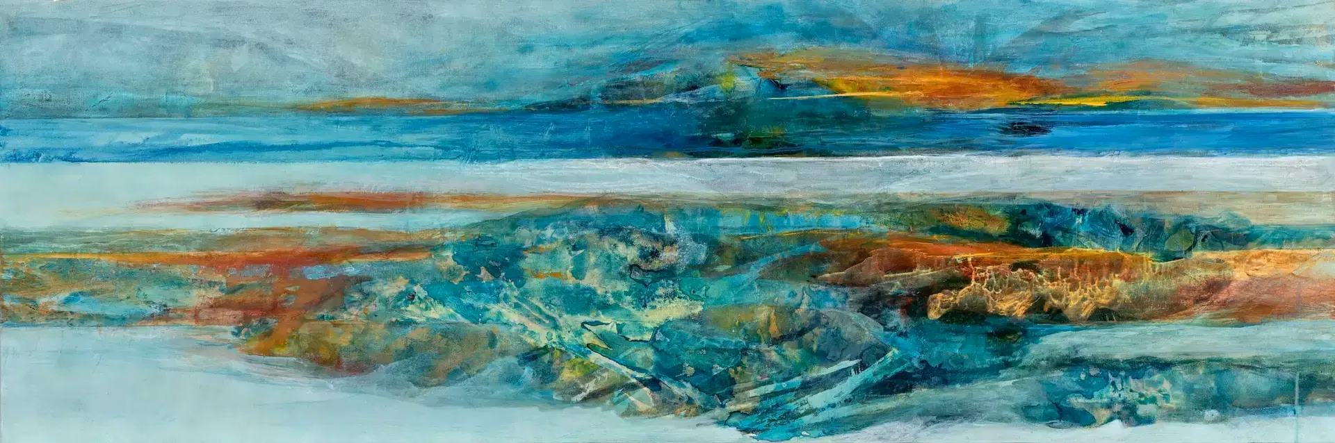 Coastal artwork of craggy coastline in abstracted landscape view with blues ochre turquoise and yellows showing sun setting bu Jo Fleming