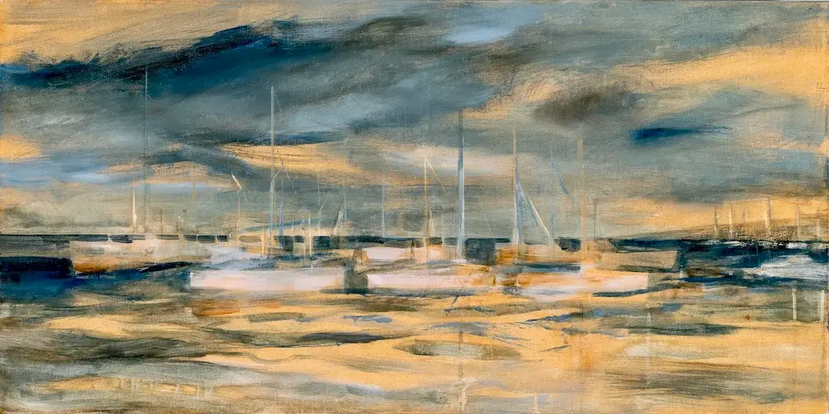 Painting of Annapolis yacht harbor with yachts on the water with reflections of sunset gold and loose brushstrokes of blues and grays for water and sky by artist Jo Fleming.