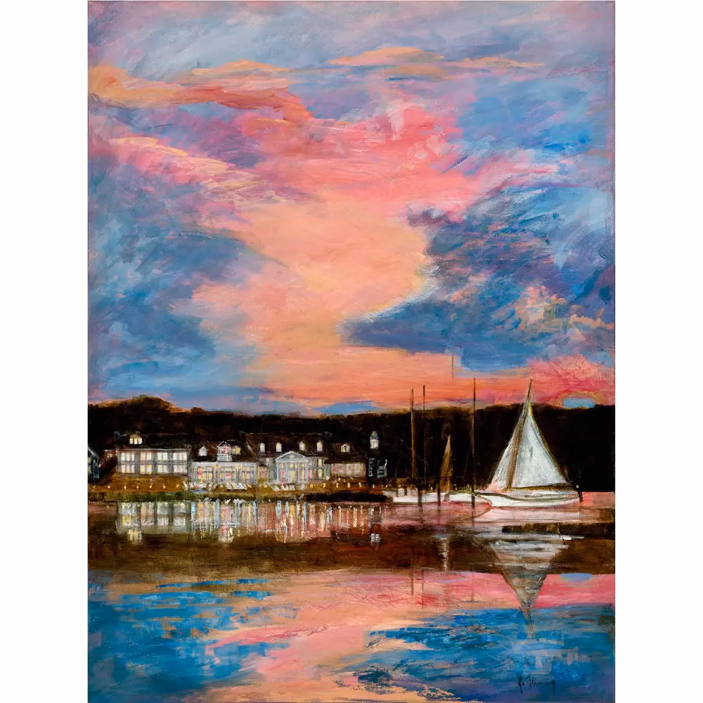 Coastal art print showing Sunset view of St. Michaels famous Inn at Perry Cabin with skipjack off the Chesapeake Bay, sunset rand evening Inn lights reflecting in the Miles River by contemporary coastal landscape artist Jo Fleming.
