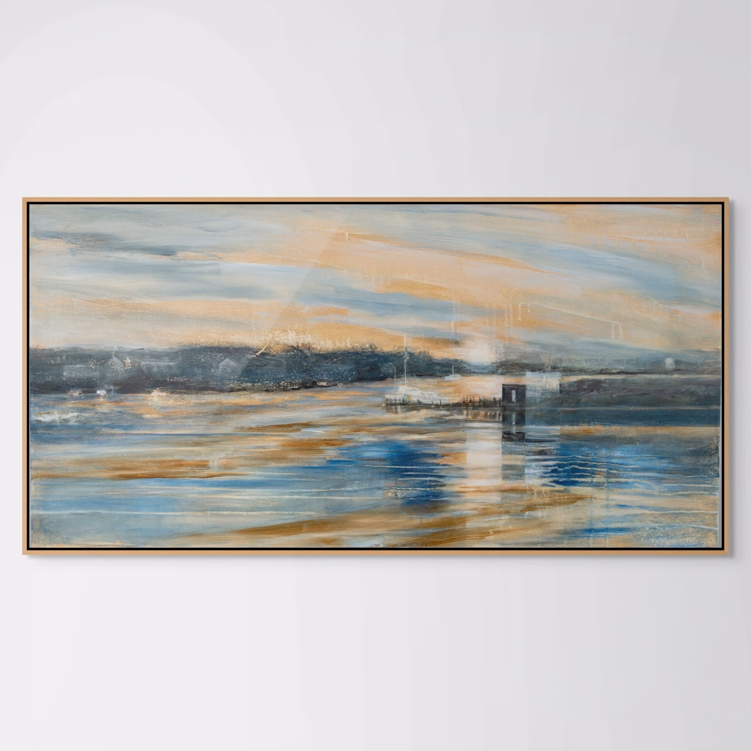 Annapolis, Spa Creek, Sunset in gold, blue, grey, white, horizontal, abstract landscape painting of impressionist and tonalist style by artist Jo Fleming called "Golden Hour".