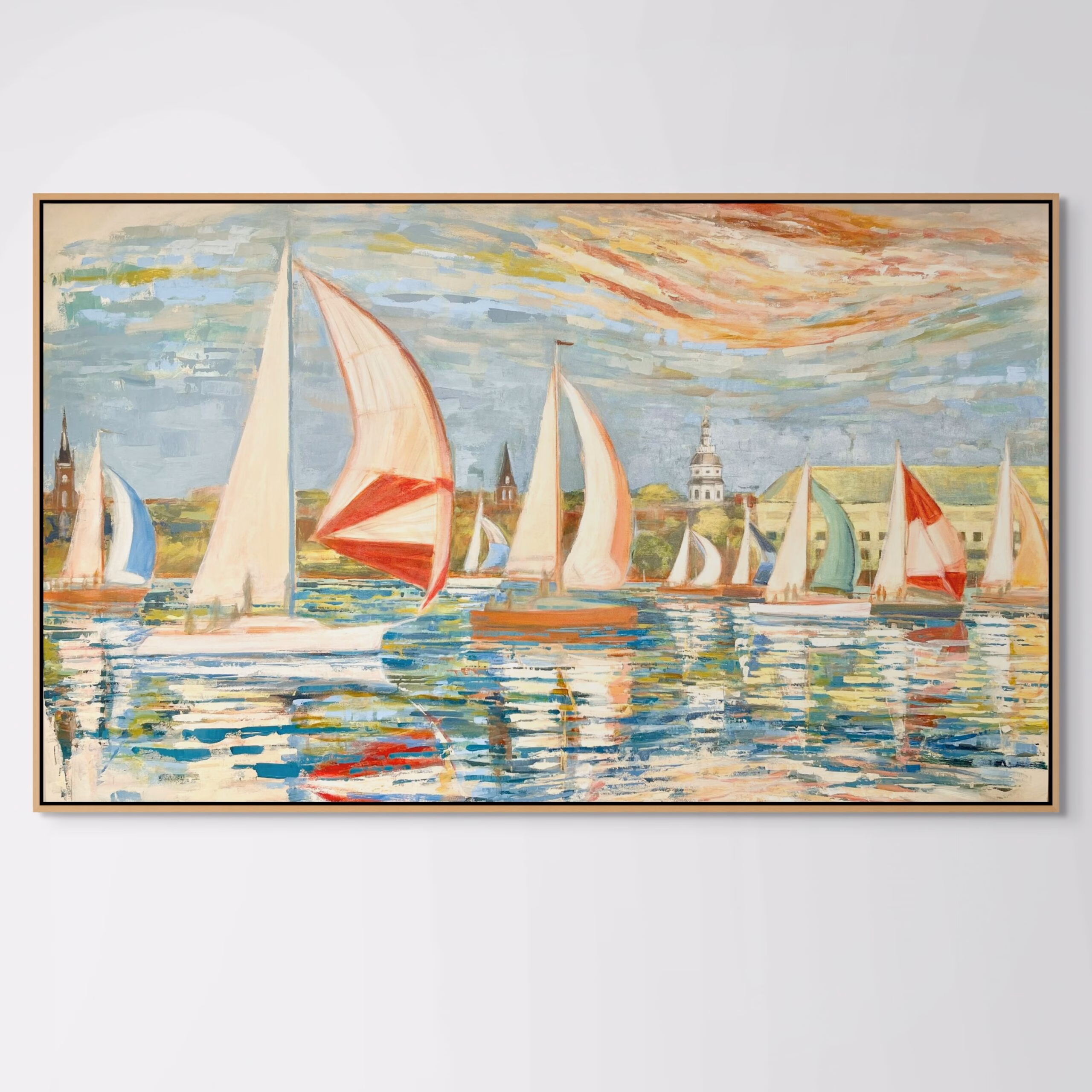 Coastal Landscape Painting, Print with impressionist view of racing sail boats regatta open spinnakers in greens, teal grey, blue, brown, rust, reds, gold, white, tan, linen in the Annapolis Yacht Harbor by Jo Fleming called "Regatta Annapolis Yacht Harbor"