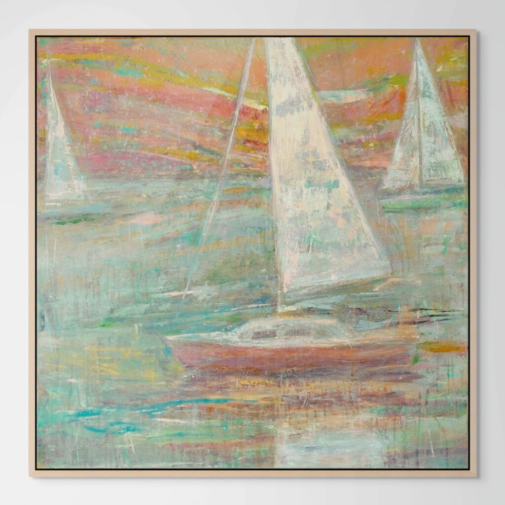 Coastal abstract landscape painting with sailboat racing Eastport Aqua, green, rose, taupe, yellow, gold Tonalism, impressionist, water reflections by artist Jo Fleming "Regatta Spa Creek".