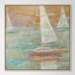 Coastal abstract landscape painting with sailboat racing Eastport Aqua, green, rose, taupe, yellow, gold Tonalism, impressionist, water reflections by artist Jo Fleming "Regatta Spa Creek".