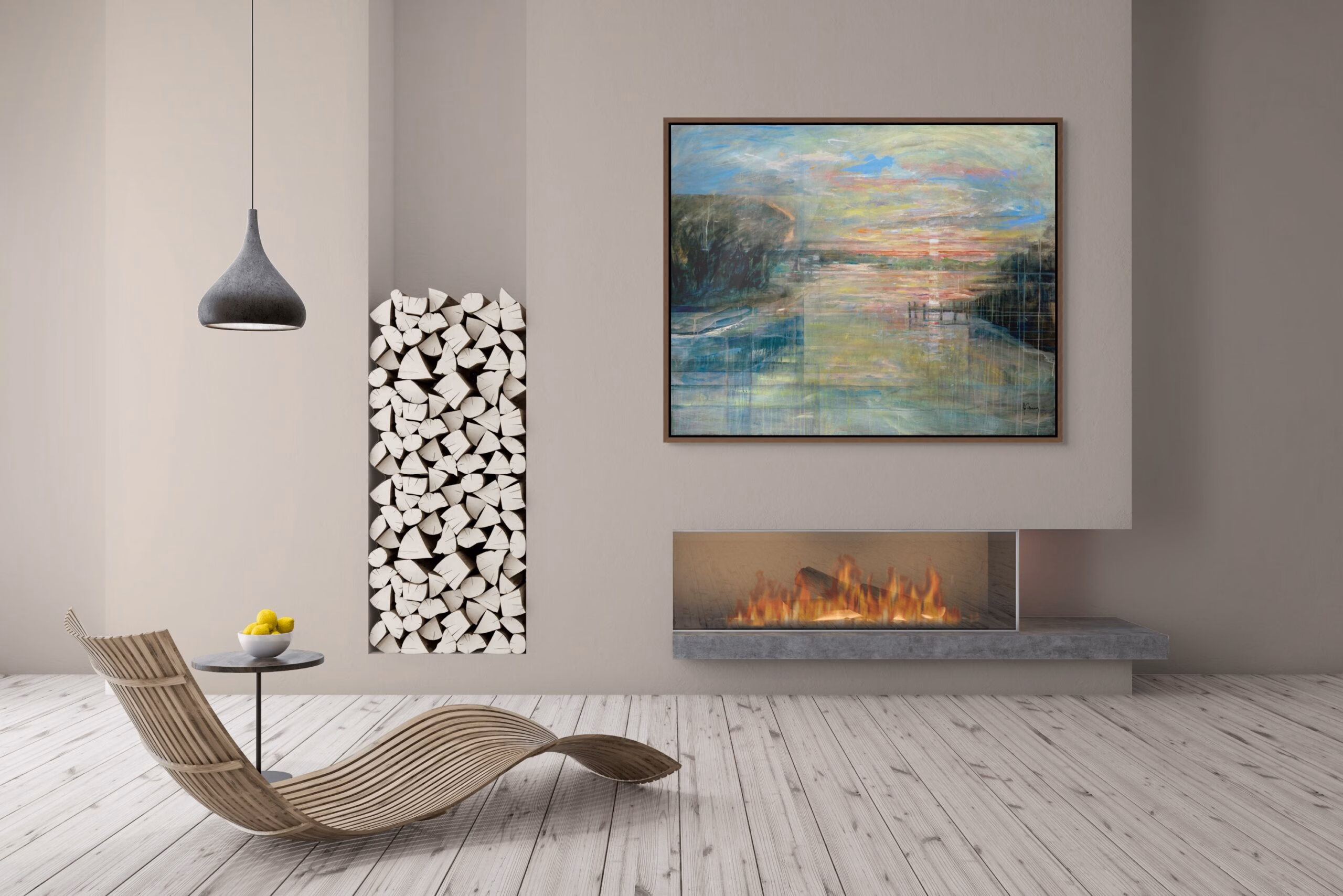 Large painting of a twilight over a creek, framed hanging over a fireplace in a minimalist living space giving a relaxing and meditative vibe by artist Jo Fleming.