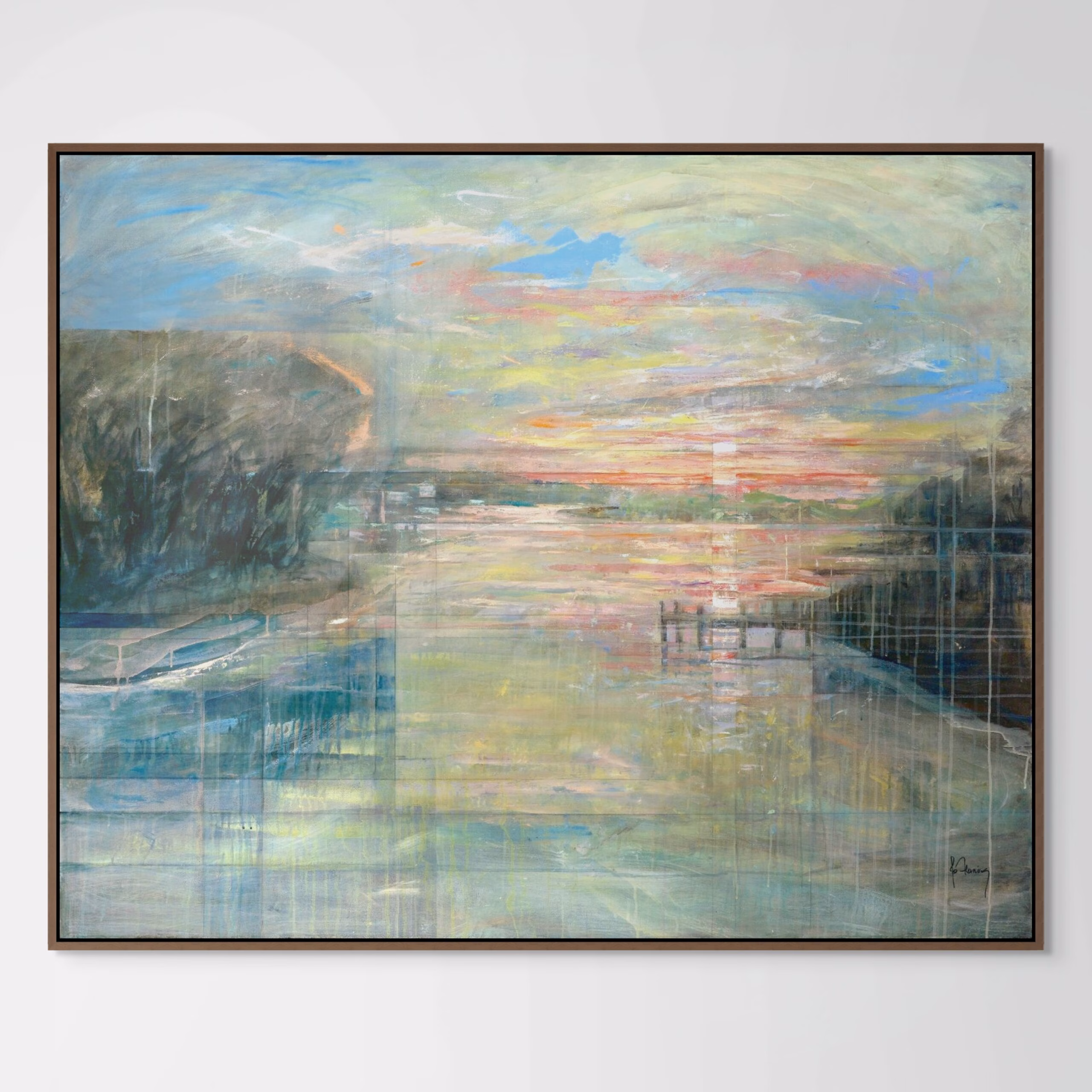 Contemporary fine art print of twilight over spa creek with the sun setting and reflecting over the water, distant trees and a single mooring spanning into the water by artist Jo Fleming.