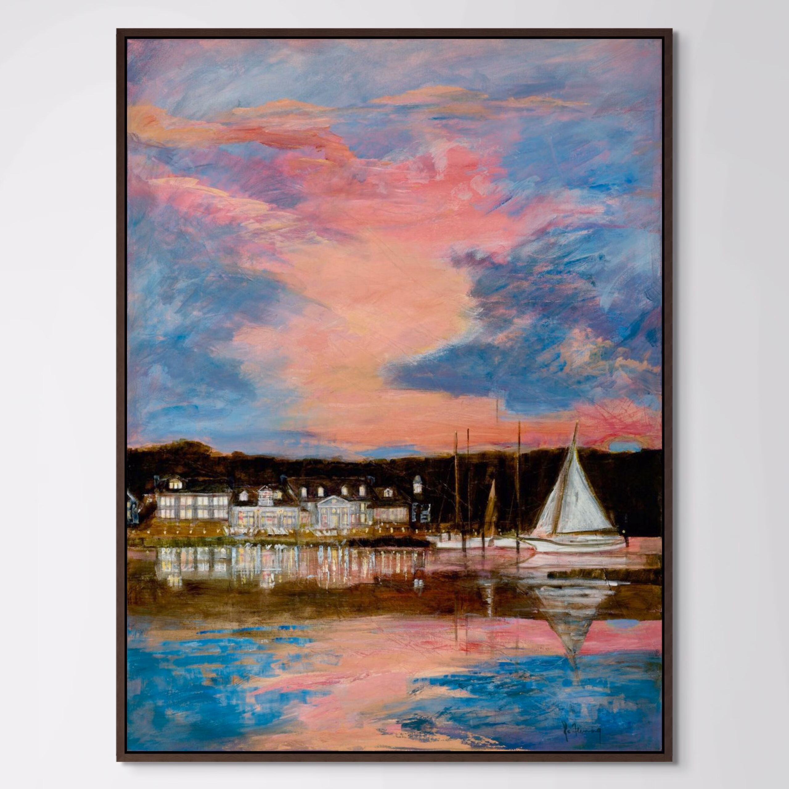 Art Print showing Sunset view of St. Michaels famous Inn at Perry Cabin with skipjack off the Chesapeake Bay, sunset reflecting in the Miles River with a dark frame.