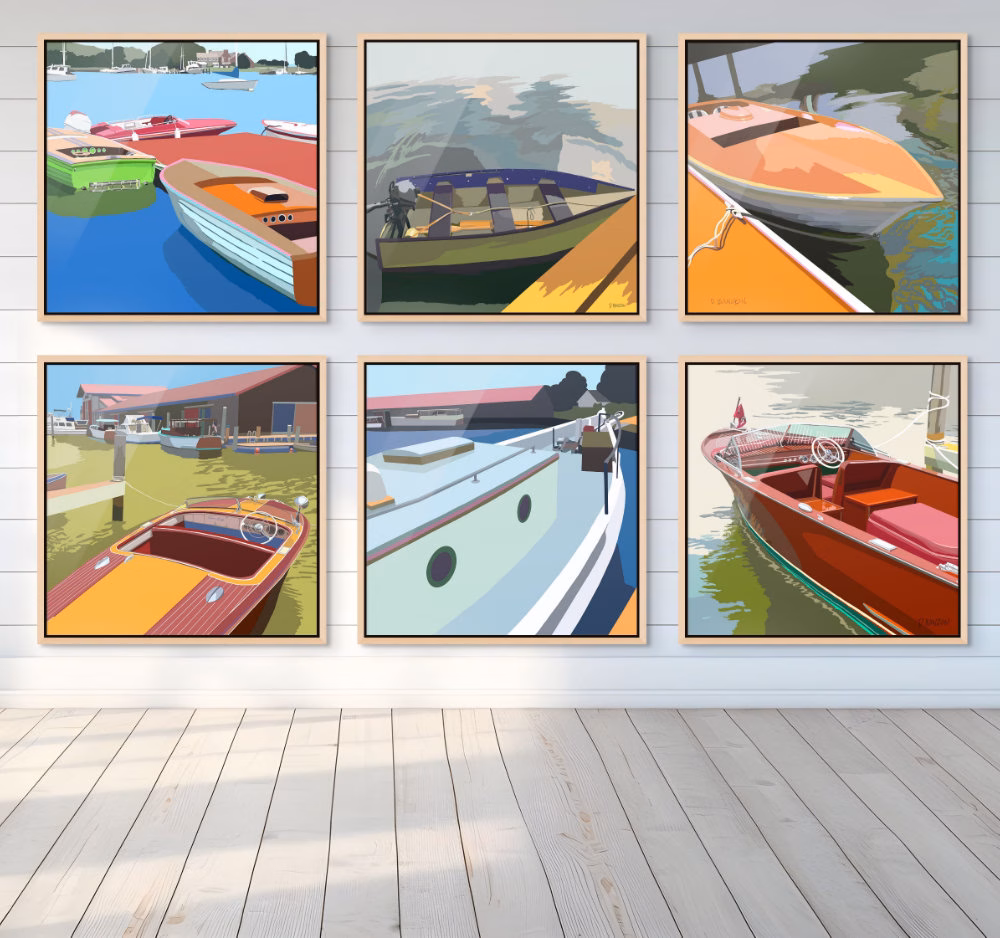 A collection of 6 vintage wooden boat art prints from the Chesapeake bay displayed at the St Michaels Antique Boat Show created by digital painter Dorothy Banzon for Coastline.art.