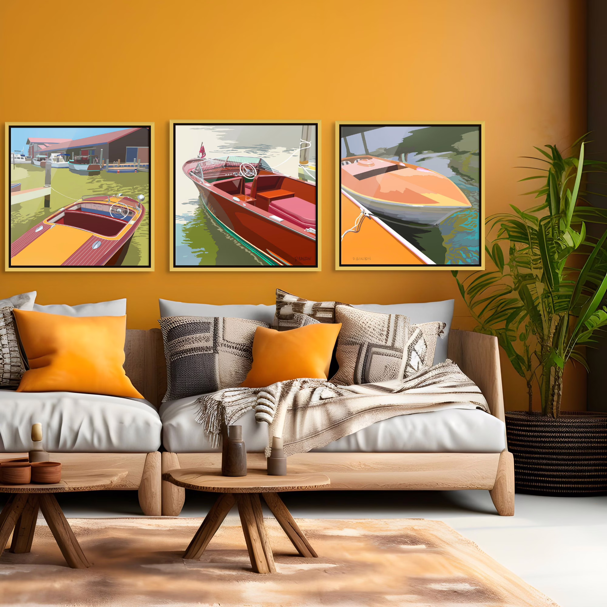One of collection of 3 vintage wooden boat art prints from the Chesapeake bay displayed at the St Michaels Antique Boat Show created by digital painter Dorothy Banzon for Coastline.art.