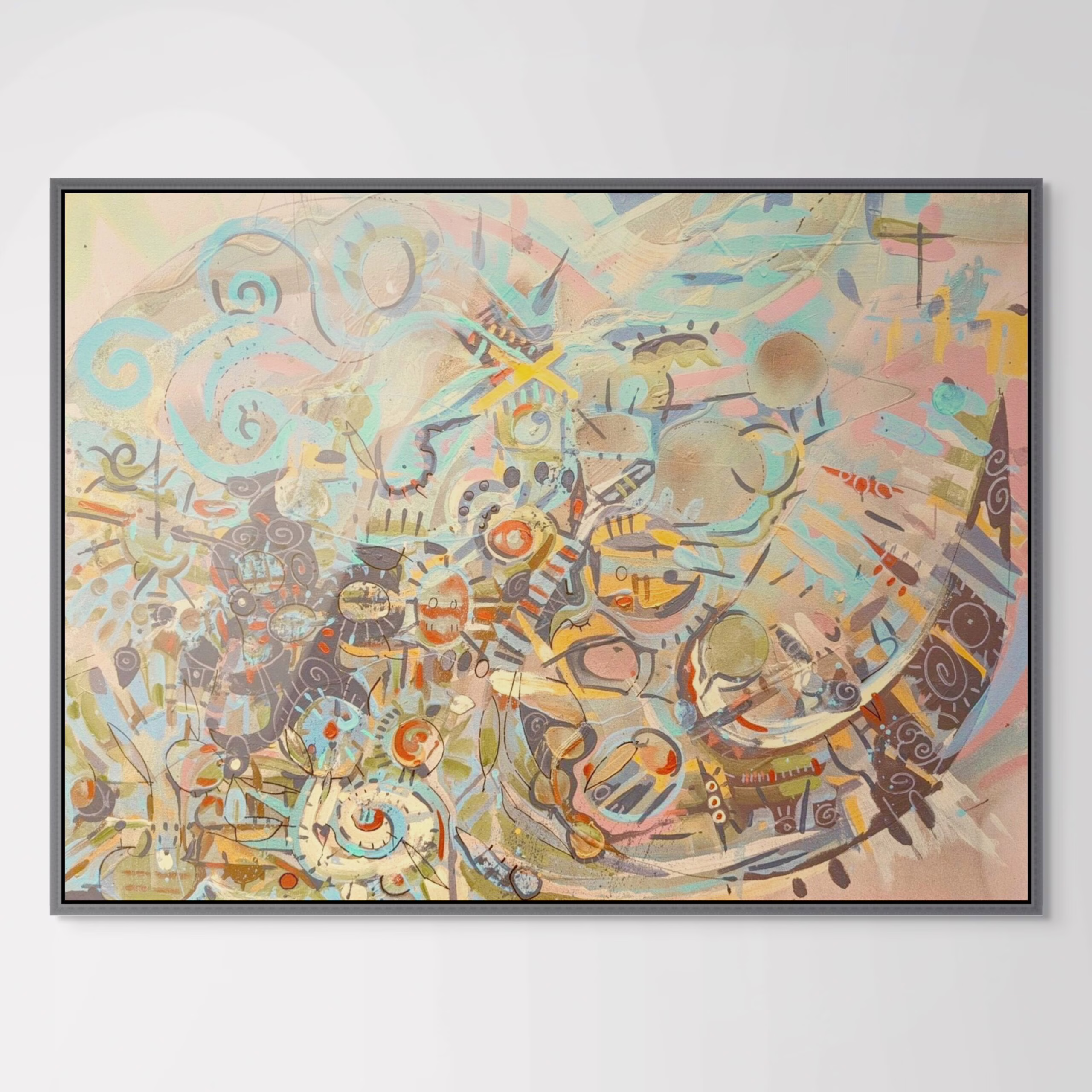 Coastal abstract artwork of three rivers swirling abstract shapes and patterns of beiges of blues yellows and greens with aspects of rust and oranges by Artist Carey Crane.