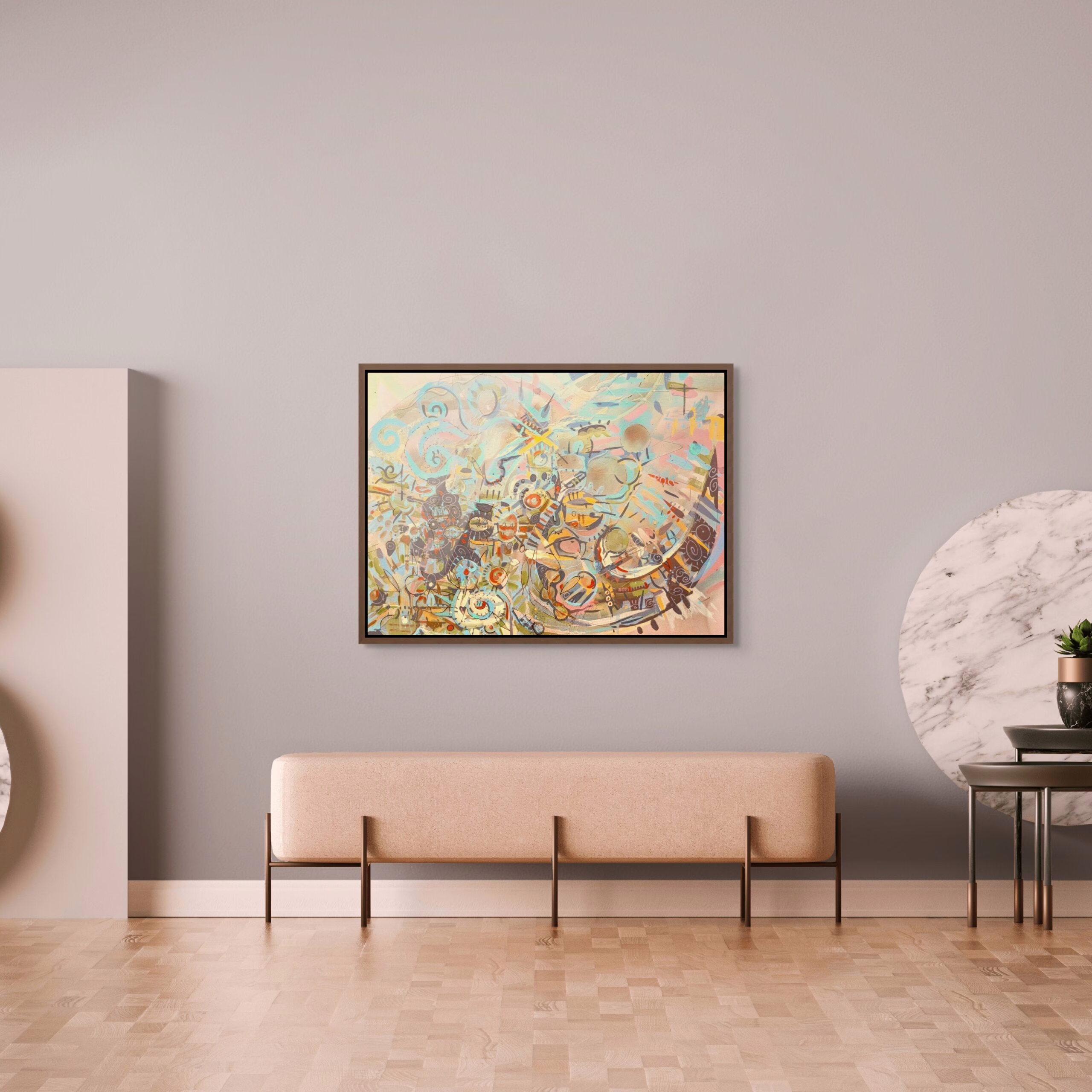 Modern painting of water abstraction on a mushroom colored wall in a contemporary open space