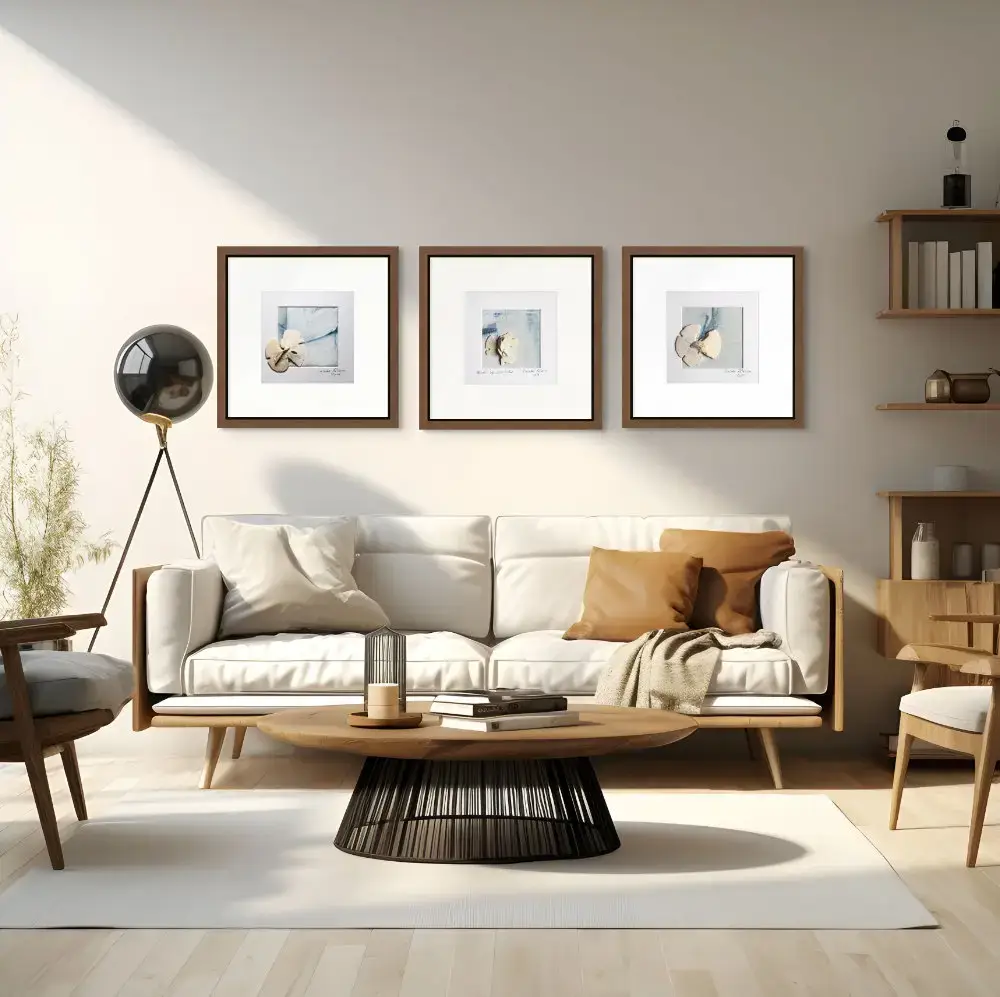 Three large fine art print coastal art sets of edisto sand dollars, framed on wall in a contemporary living room setting with beiges browns and neutral colors