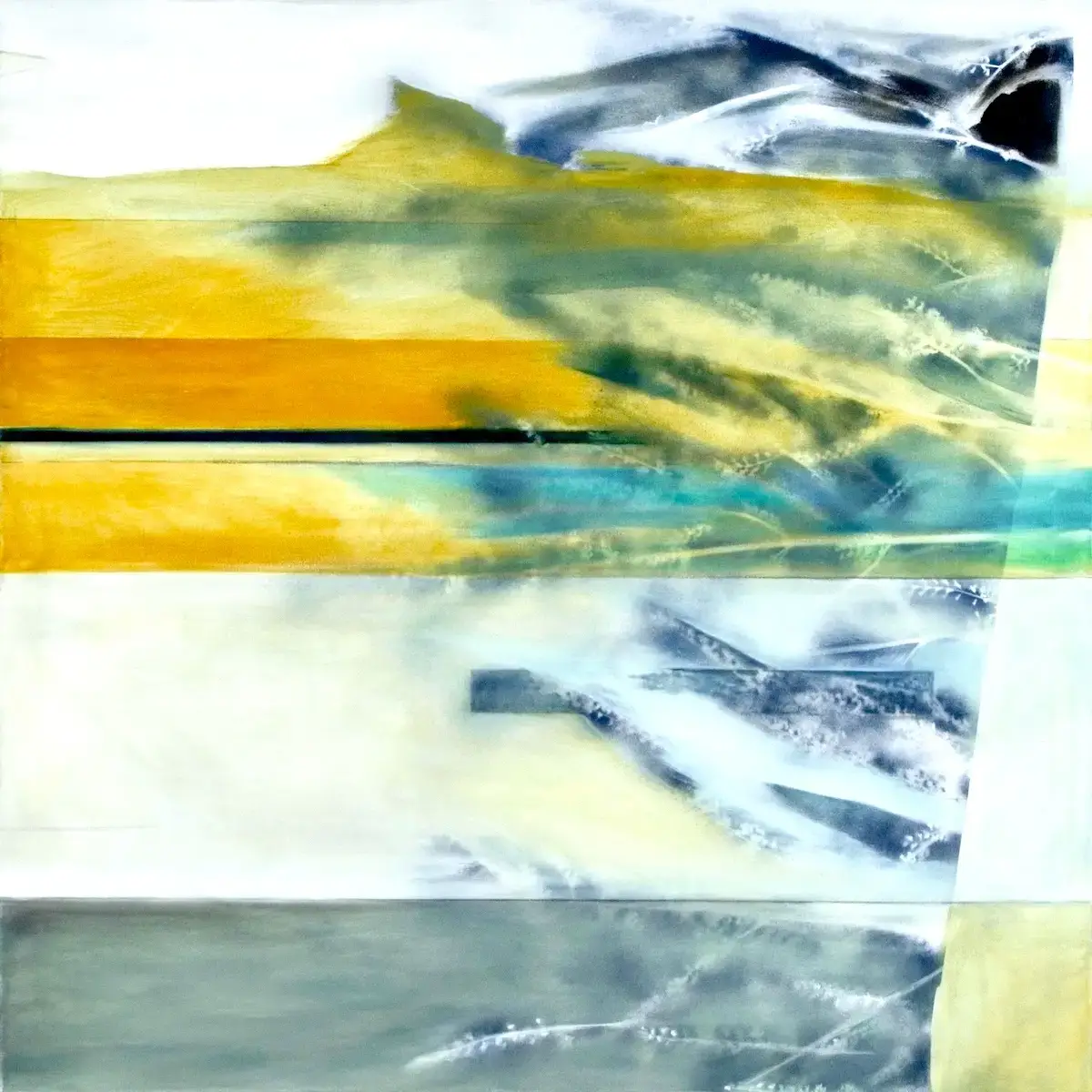 Abstract artwork representing earth sea and air with layered aspects of yellows and greens, blues and whites and grays and lemon, water marks and movement by artist Jo Fleming.
