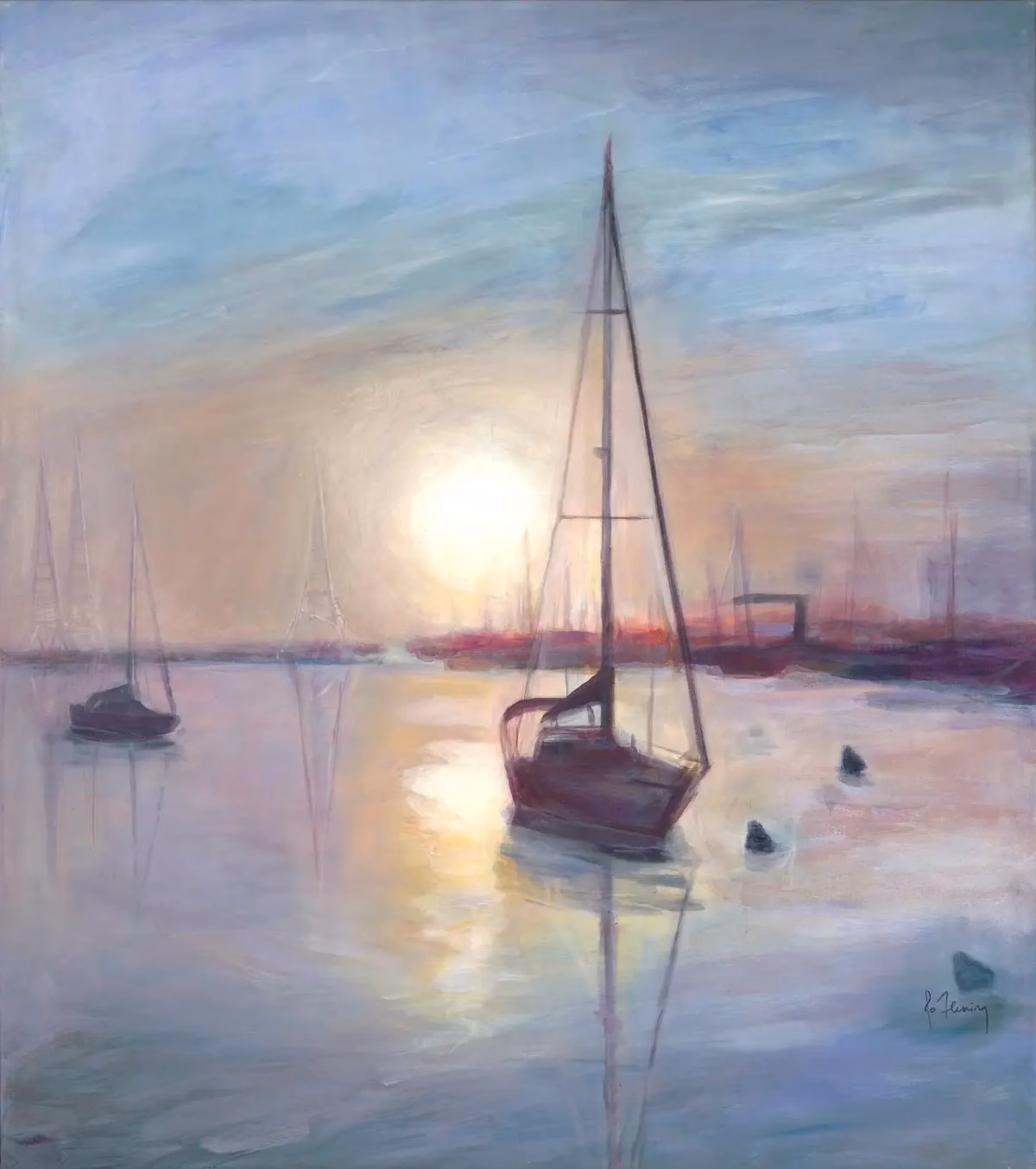 Coastal abstract landscape painting of Annapolis Yacht Harbor looking toward Eastport and the Severn River, using Blue, rose, taupe with the sunrise and fog in a tonalist and impressionist style by artist Jo Fleming