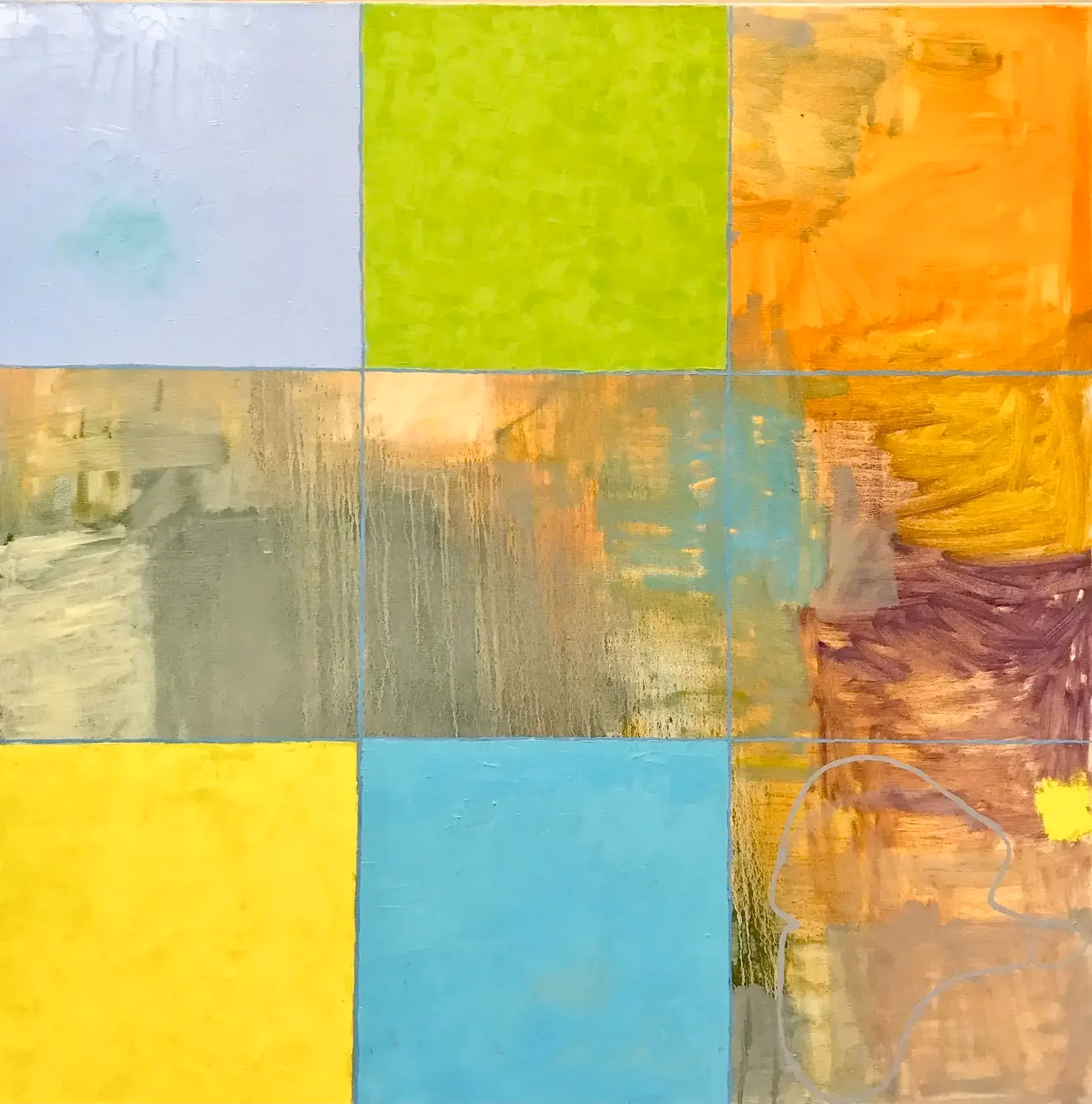 Abstract expressive artwork in a grid format with sectional bright bold solid colors of blue, yellow, orange, lime and sections of muted gestural brushstrokes and drips of paint as contrast by artist Sigrid Trumpy.
