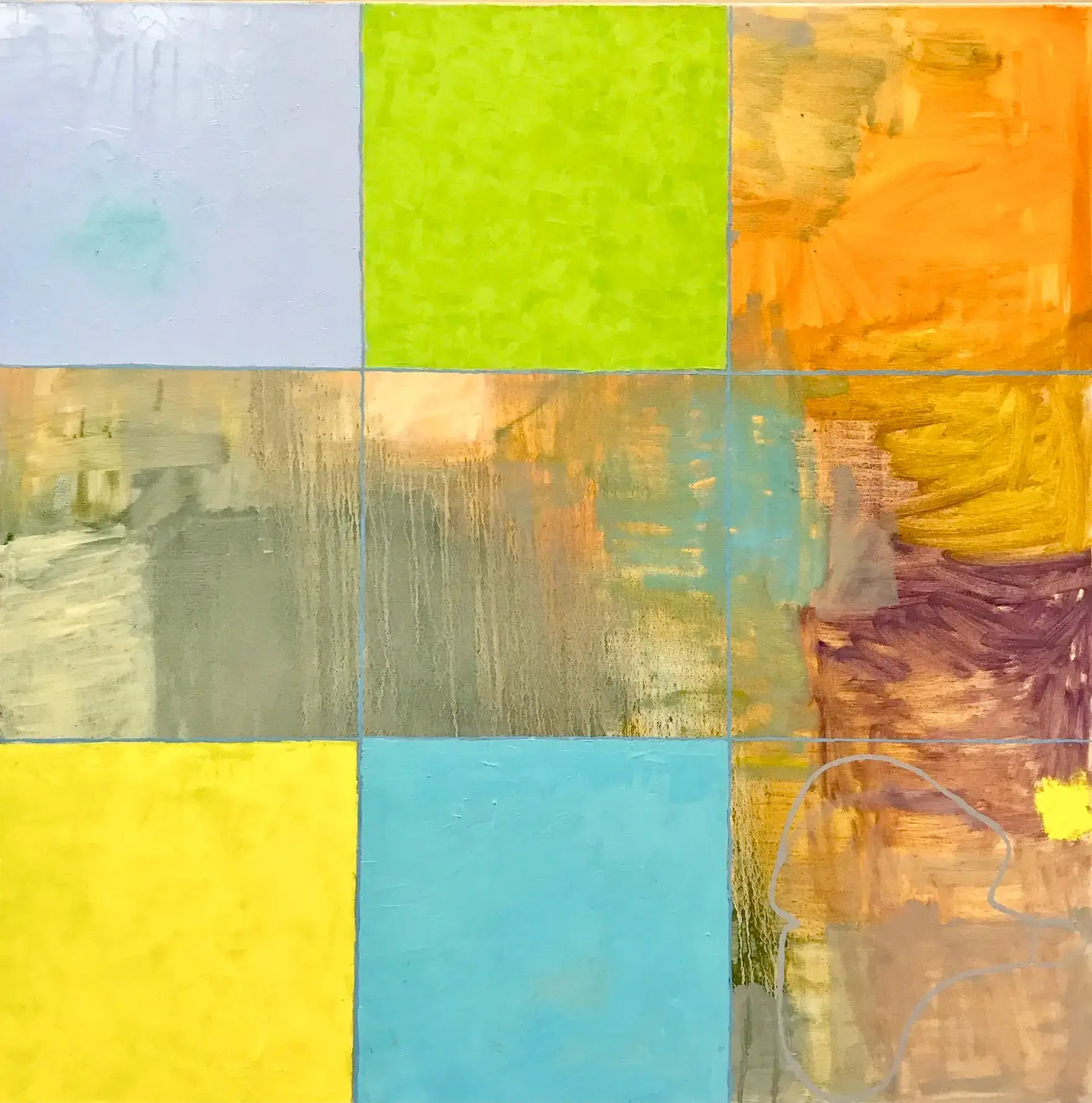 Abstract expressive artwork in a grid format with sectional bright bold solid colors of blue, yellow, orange, lime and sections of muted gestural brushstrokes and drips of paint as contrast by artist Sigrid Trumpy.