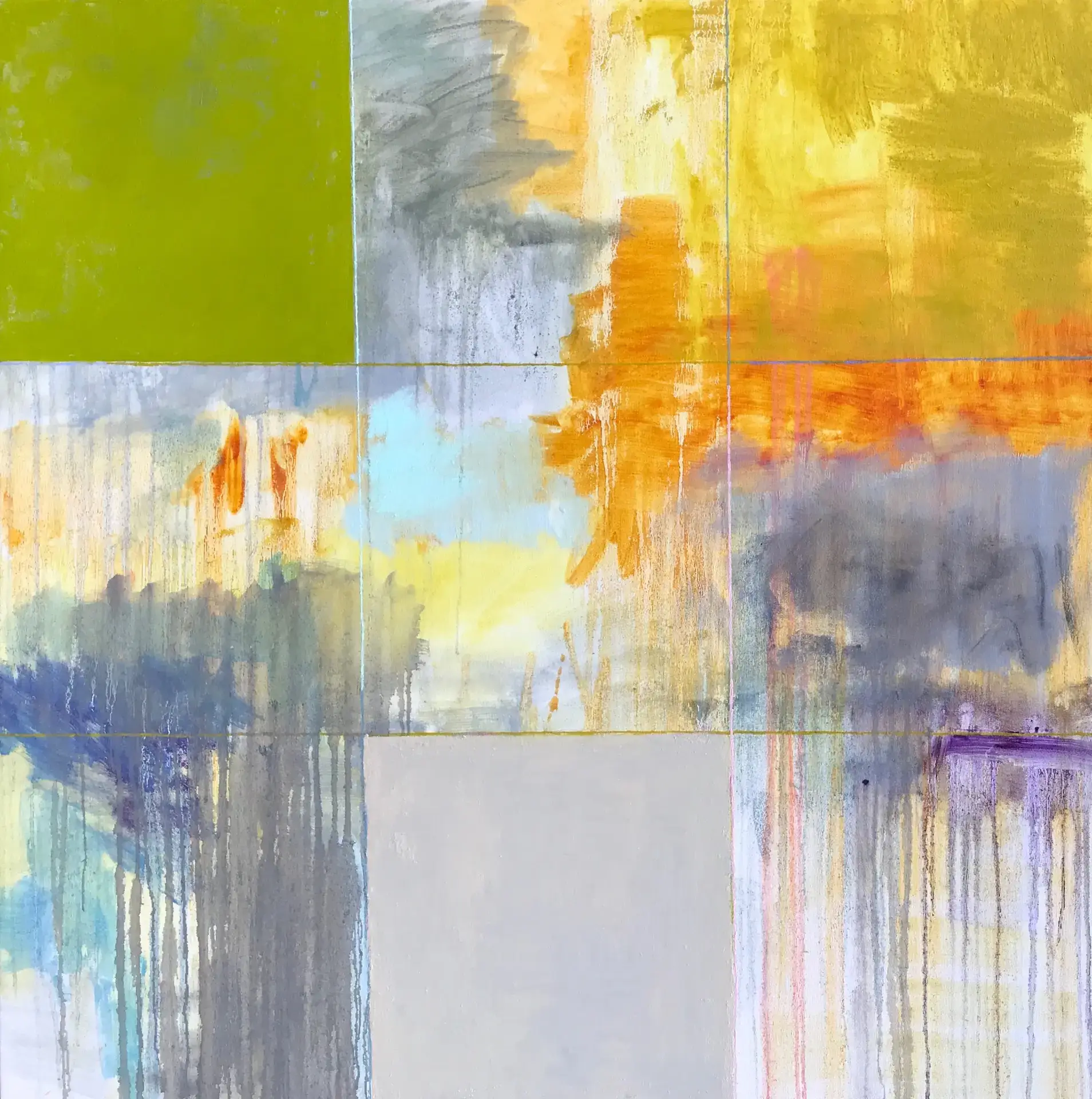 Modern coastal abstract painting in grid format including expressionist bold sections of green and gray on top of gestural brushstrokes of oranges, grays purples, blues and dripping paint by coastal artist Sigrid Trumpy.