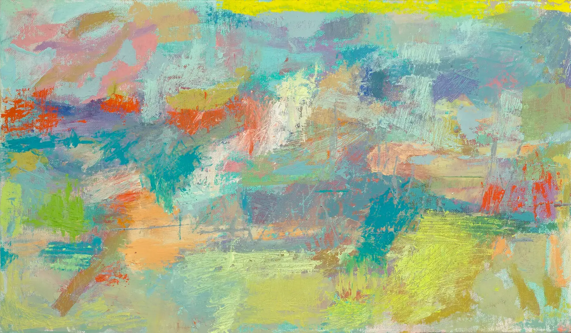 Abstract impressionistic painting of key bridge with coastal colors of pastels blues greens oranges purples and layers of expressive brushstrokes by artist Sigrid Trumpy.
