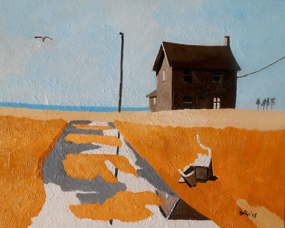 Painting of Hoopers Island with solitary building on yellow and orange sun dues overlooking the coastline with seagull flying in the sky by artist Lesley Giles.