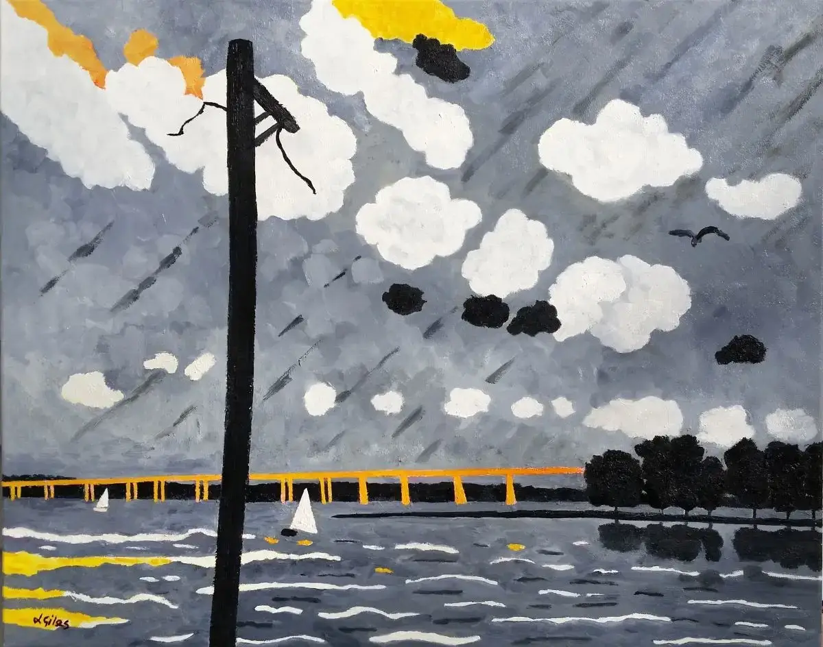 Painting of chop tank sunset in the rain painted with grays whites and blacks with accents of yellows for the bridge and reflections on the water by artist Lesley Giles