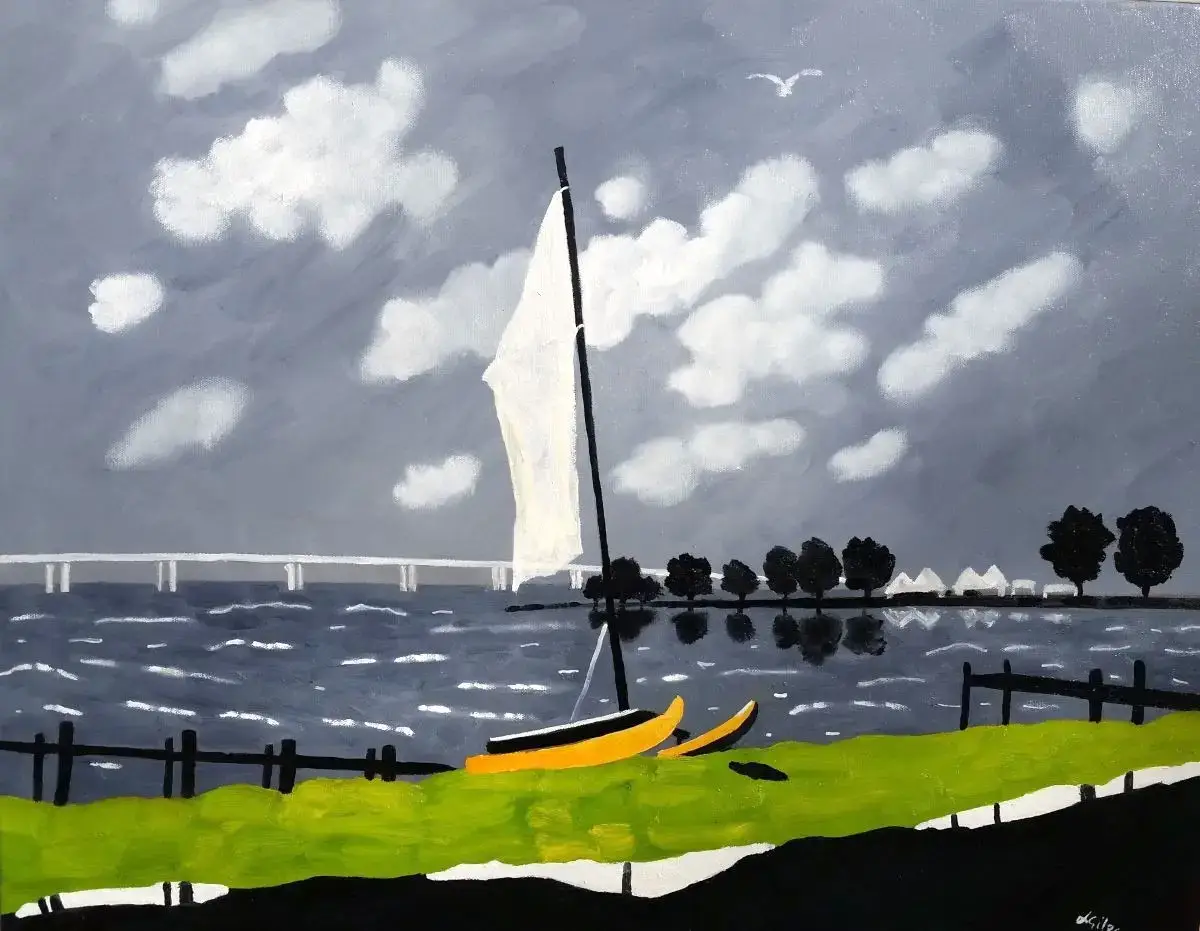 Coastal painting of chop tank with grays whites and blacks with green shoreline with small yellow catamaran with sail up, oil painting print