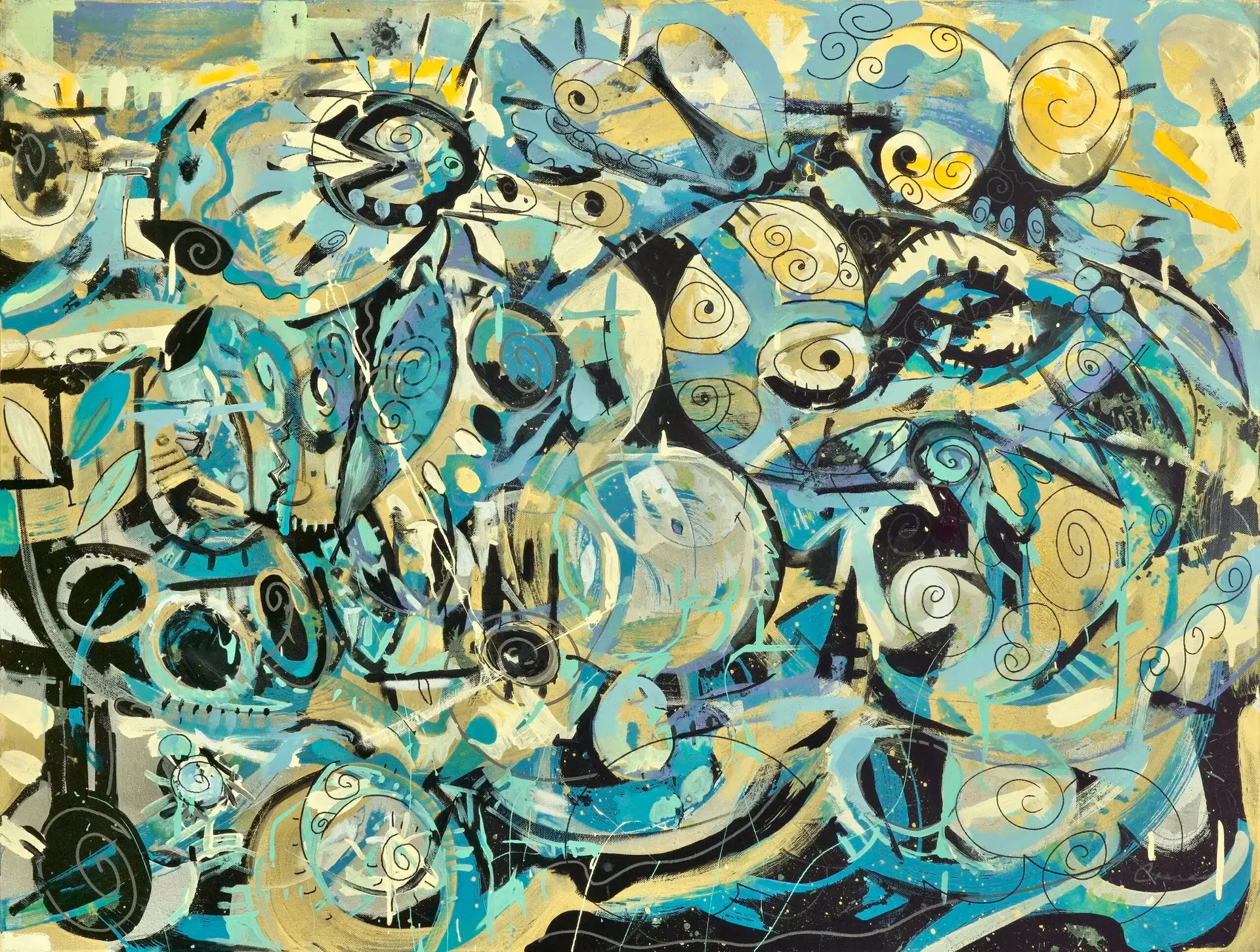 Abstract gestural painting of water and waves with bold mark making overlaid with linear detail colors of blues turquoise yellows and blacks