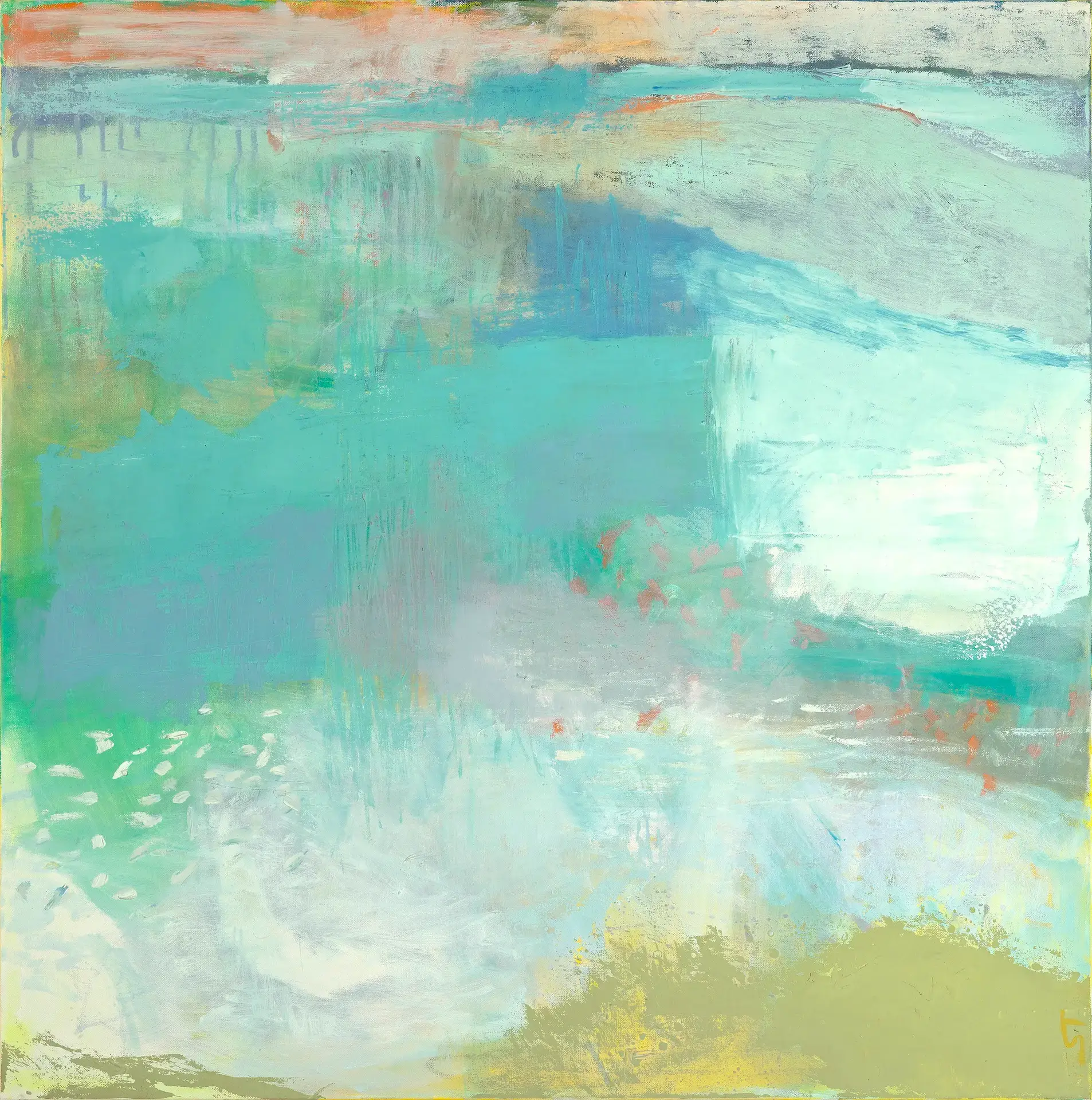 Abstract impressionist painting of water and minnows with light blues greens and turquoise with moss greens and yellows by artist Sigrid Trumpy.