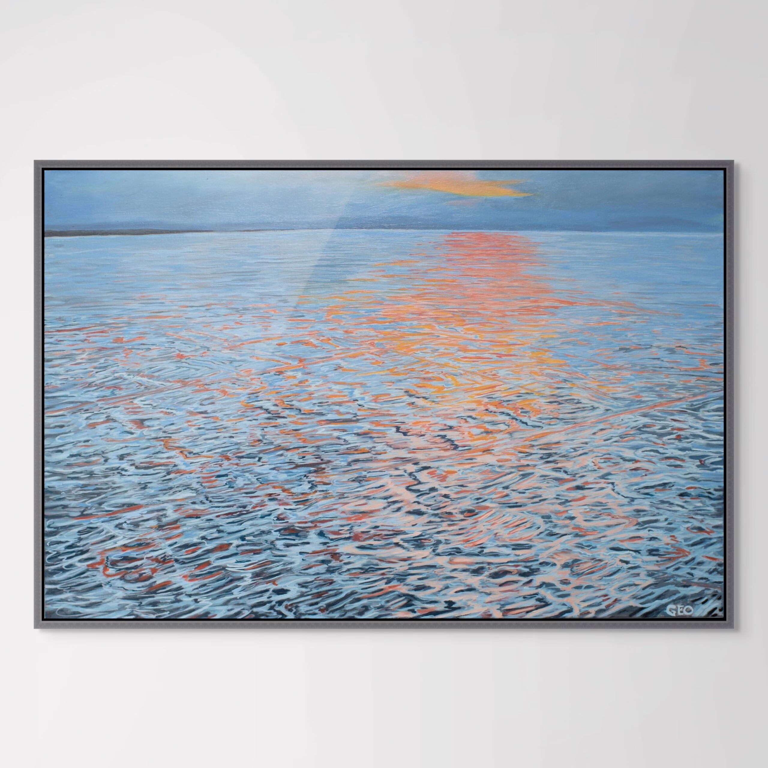 A modern abstract landscape of a sunset over ocean in an impressionist patterned impressionist style fine art print by eastern shore artist Geo McElroy in light and dark blue accented by warm orange and red reflections of sunset.