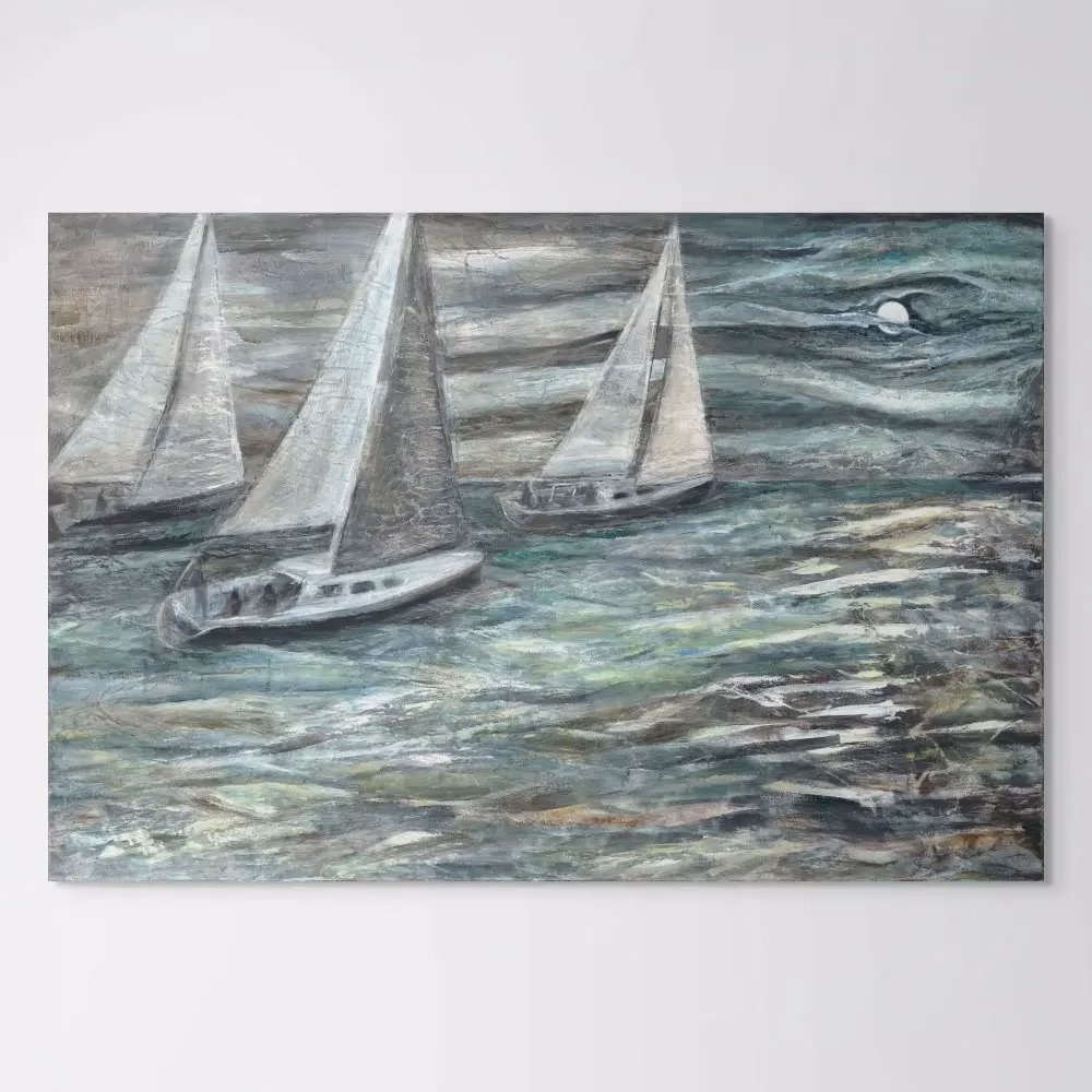 Coastal Landscape painting seascape, acrylic painting on canvas showing sailboats in motions returning after on a moonlit stormy evening in green, teal, aqua, black on the Chesapeake Bay by artist Jo Fleming.