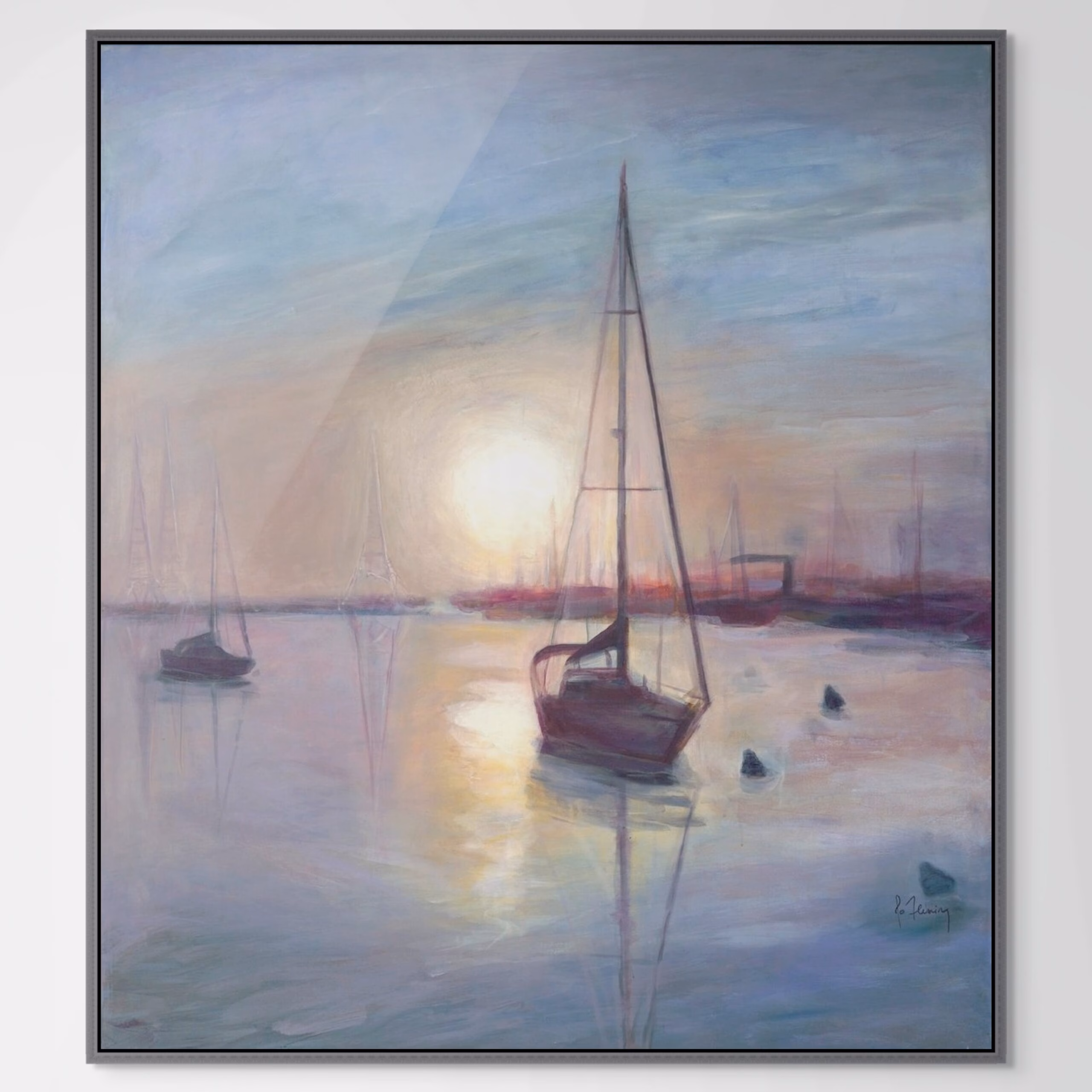 Sailboats in the harbor print of Annapolis near the US Naval communication towers during a misty sunrise by coastal landscape artist Jo Fleming.