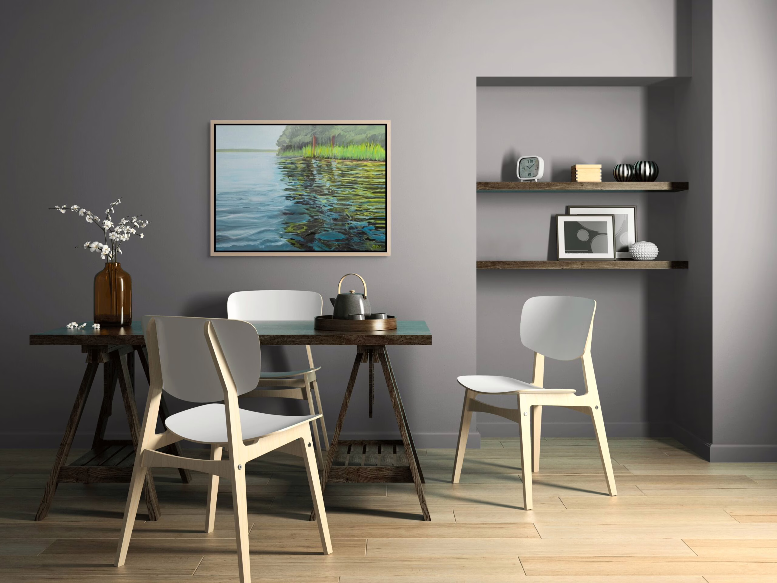 Coastal landscape art print of oil on canvas depiction of eastern island flora nature refections in blue and greens waters by artist Geo McElroy shown in a modern dining room.
