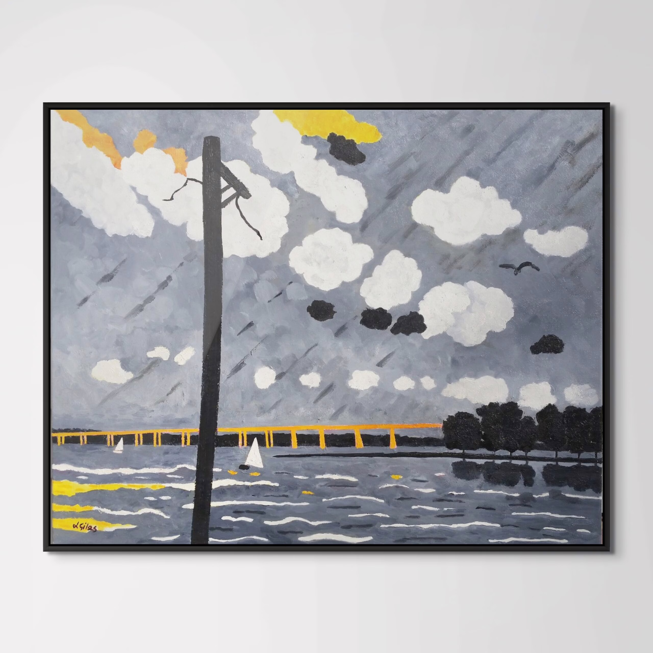 Modern abstract coastal landscape painting of Choptank River and bridge showing a sailboat in grey, black and white accented by yellow created by eastern shore maryland landscape painter Lesley Giles.