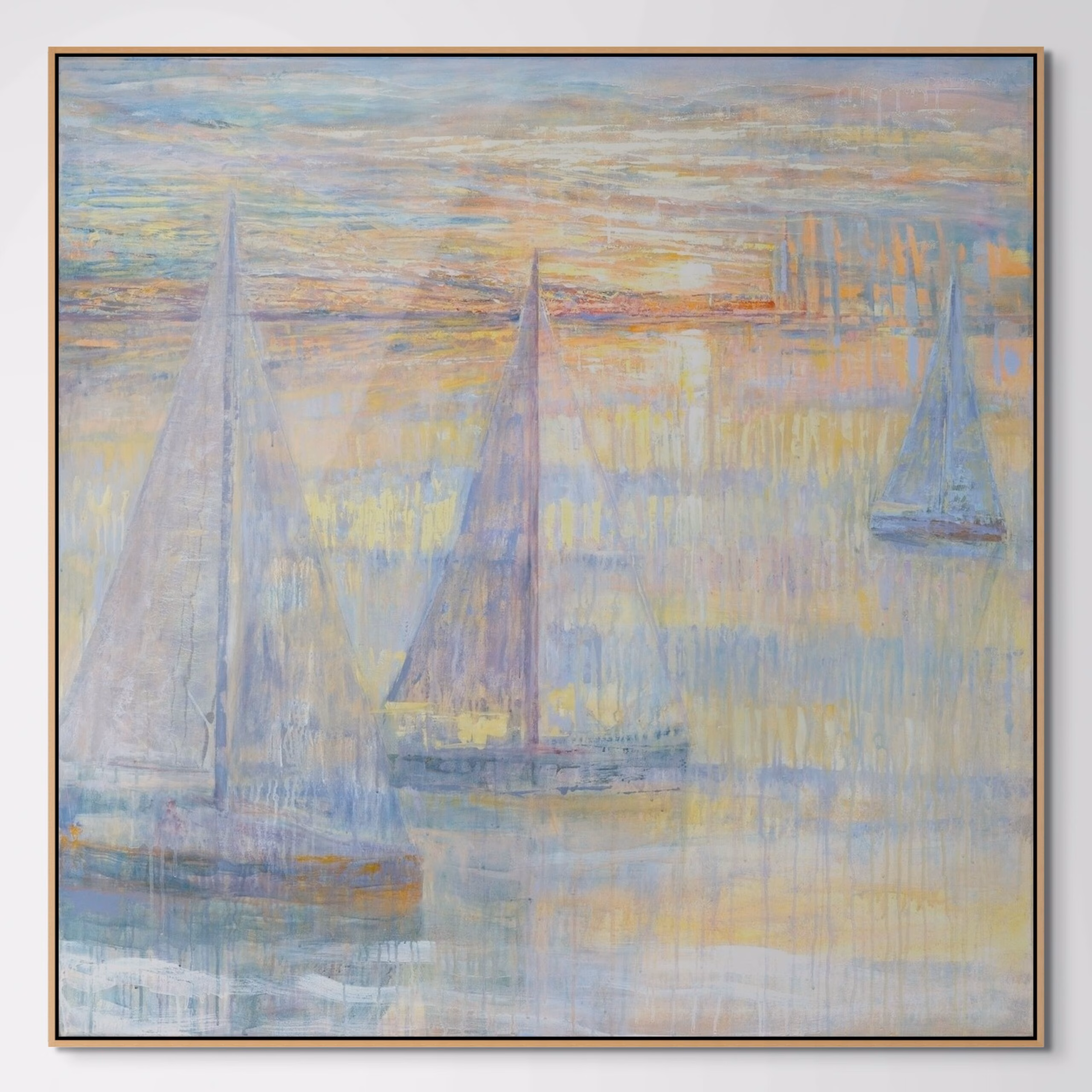 Sailboats in Annapolis yacht harbor on the Severn River in pastel colors of ivory, sand, peach, blue and lavender by contemporary landscape painter Jo Fleming.