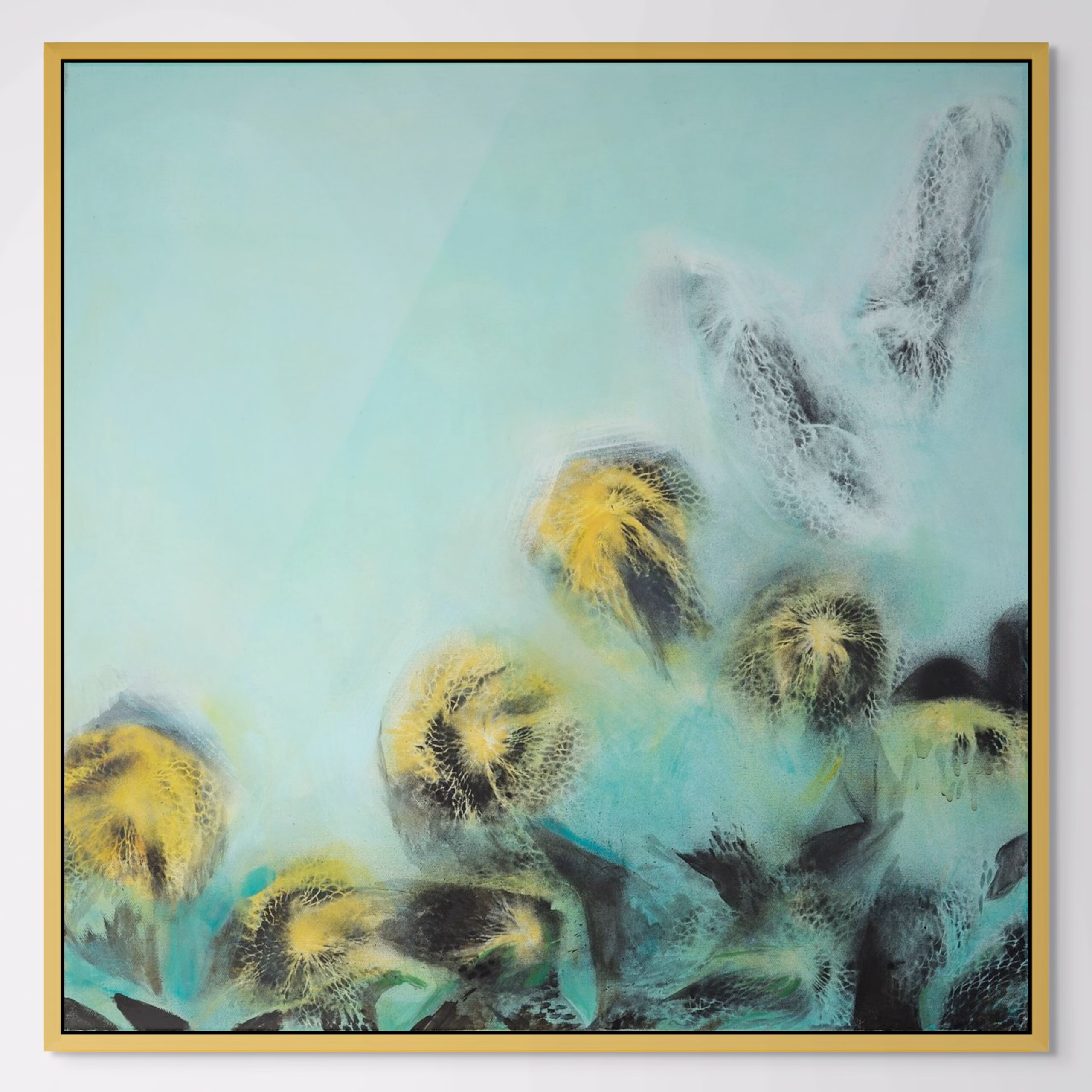 Abstract, minimalist aquatic painting of jellyfish floating in Aqua, Black, White, Nature, Organic forms by coastline artist Jo Fleming called "Sea Creatures"