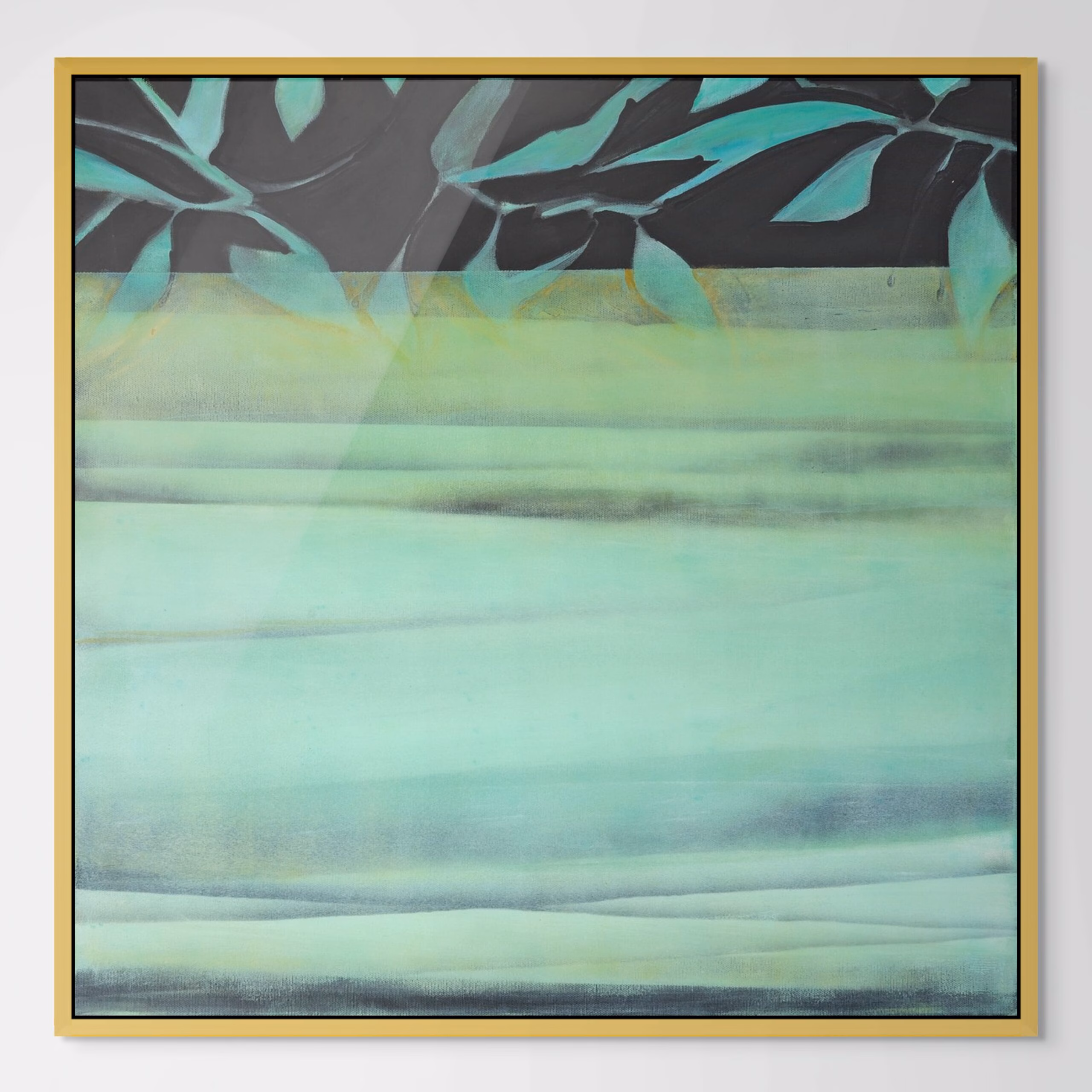 Coastal Abstraction minimalist coastal painting depicting seaweed strings, floating patterns, in waves of Aqua, Black, White, Nature, Organic art by artist Jo Fleming called "Sea Vine"