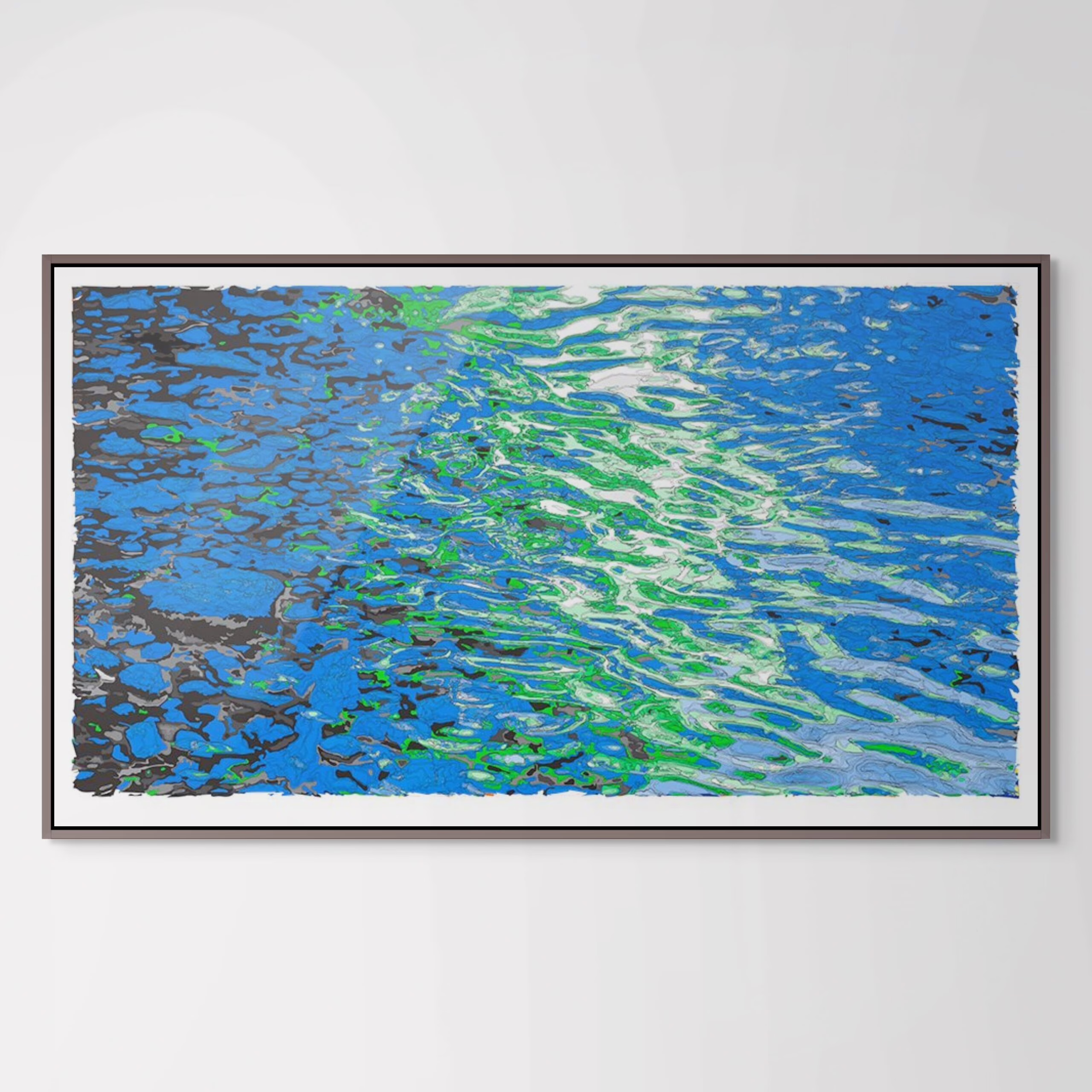 Coastal Art Print of a digital abstracted coastal ocean reflecting sunlight in blues, green, black, white and grey by Lisa Sheirer with dark frame.