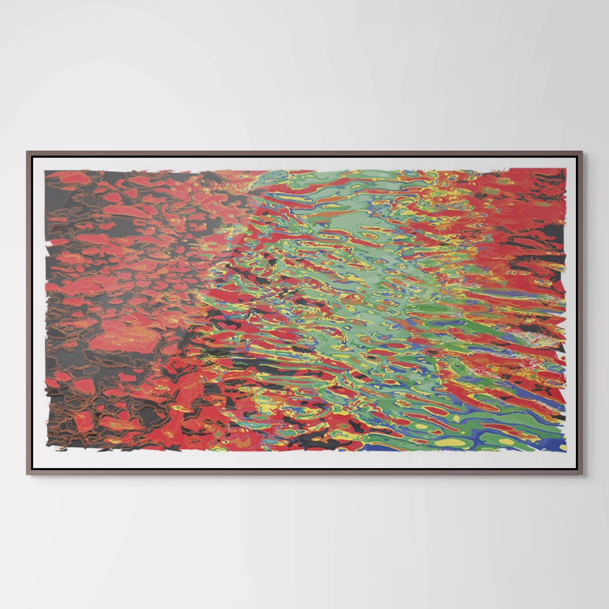 Coastal Art Print of a digital abstracted ocean reflecting sunlight on the waves in red, green, black, yellow and grey by Lisa Sheirer shown with a dark frame.