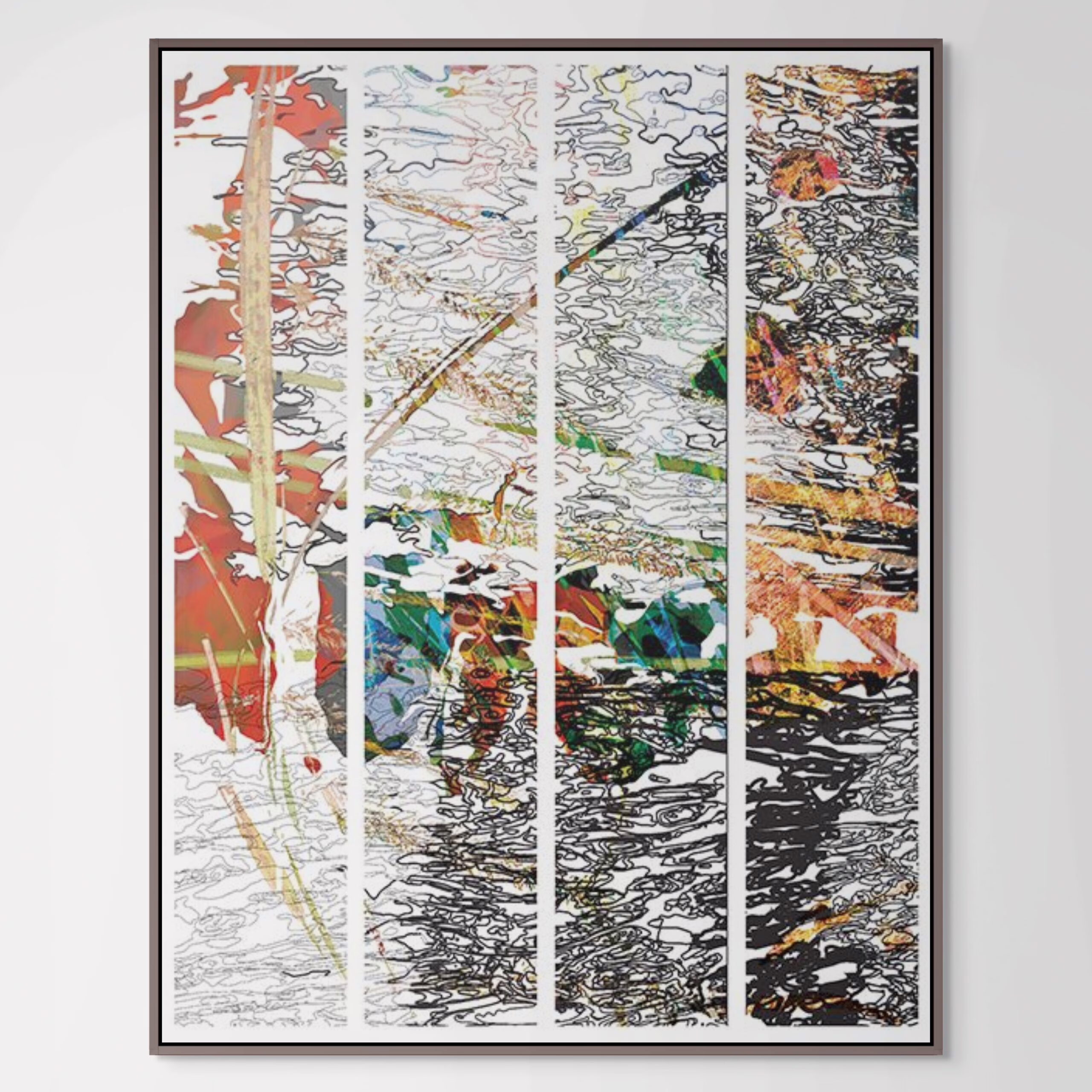 Modern Coastal Inspired abstract watery framed print in colors of black white blue greens yellows oranges Called "Water Series 7" by Lisa Sheirer.