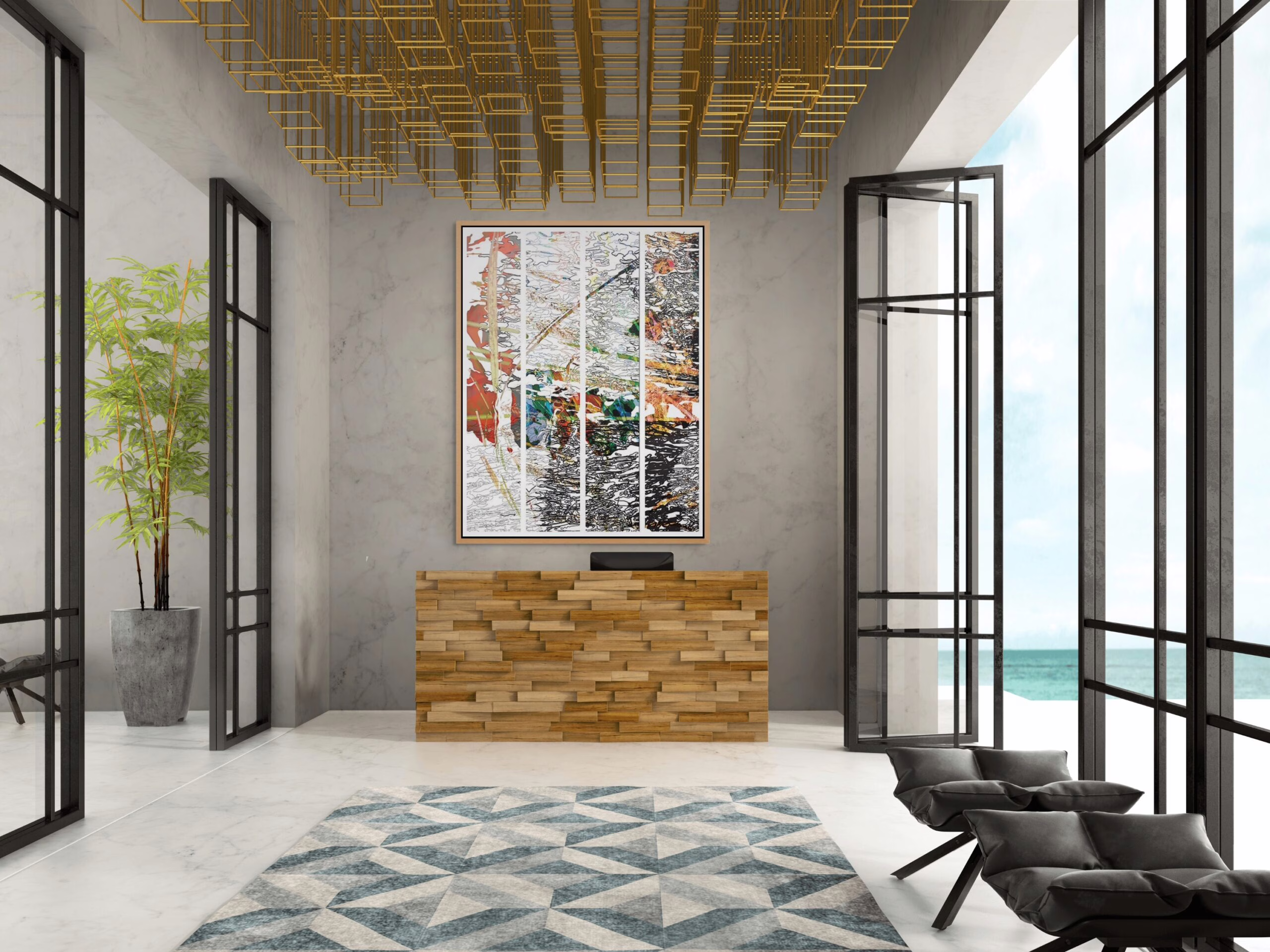 Modern Coastal Inspired abstract watery print in colors of black white blue greens yellows oranges in a hotel lobby setting by Lisa Sheirer.