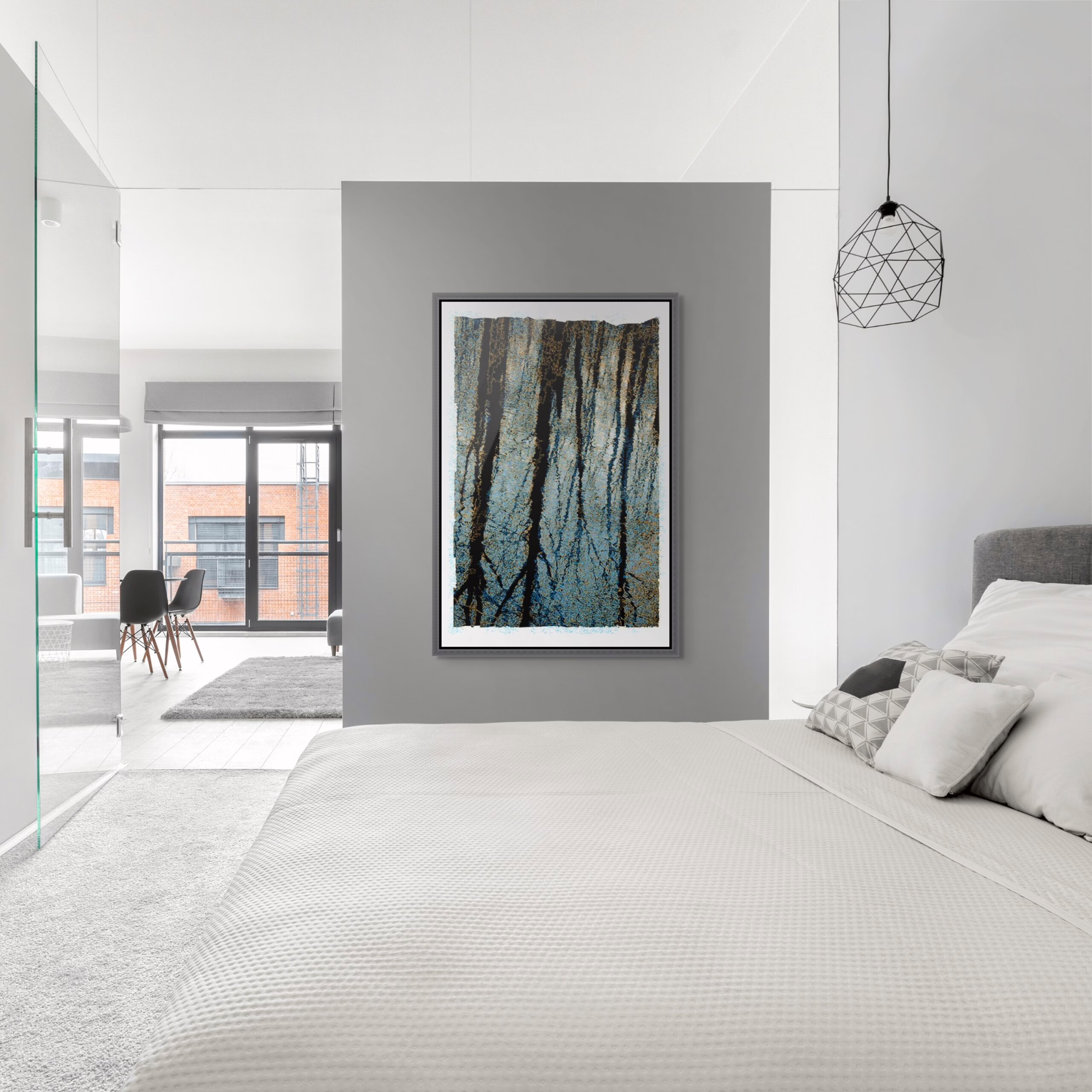 Modern abstract "Water Stories" depicting tree reflections in blue and teal Potomac River by Print artist Lisa Sheirer shown in a modern condominium apartment.