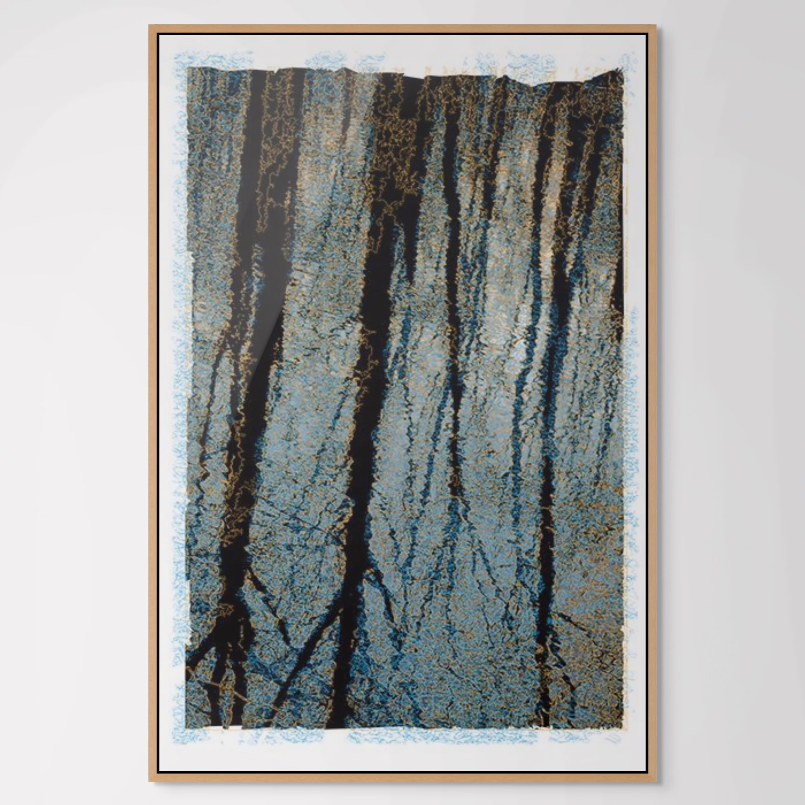 Modern abstract "Water Stories" depicting tree reflections in blue and teal Potomac River by Print artist Lisa Sheirer with a natural wood frame.