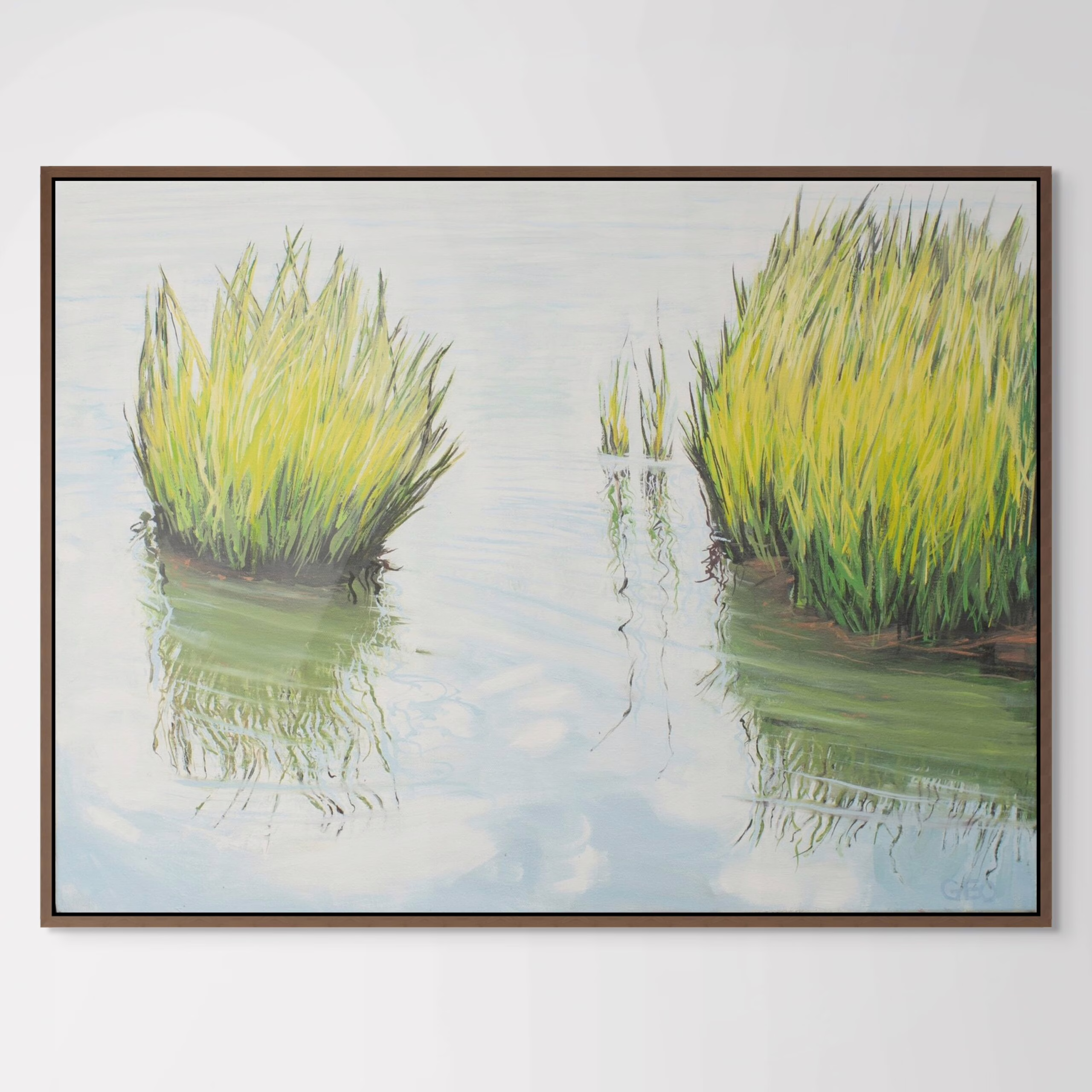 The coastal wetlands painting "Soldiers" is a little pocket of salt marsh grasses reflected and surrounded in the encroaching water. The cerulean, soft greens, and white speak of a summer morning by Landscape Coastal artist Geo McElroy.