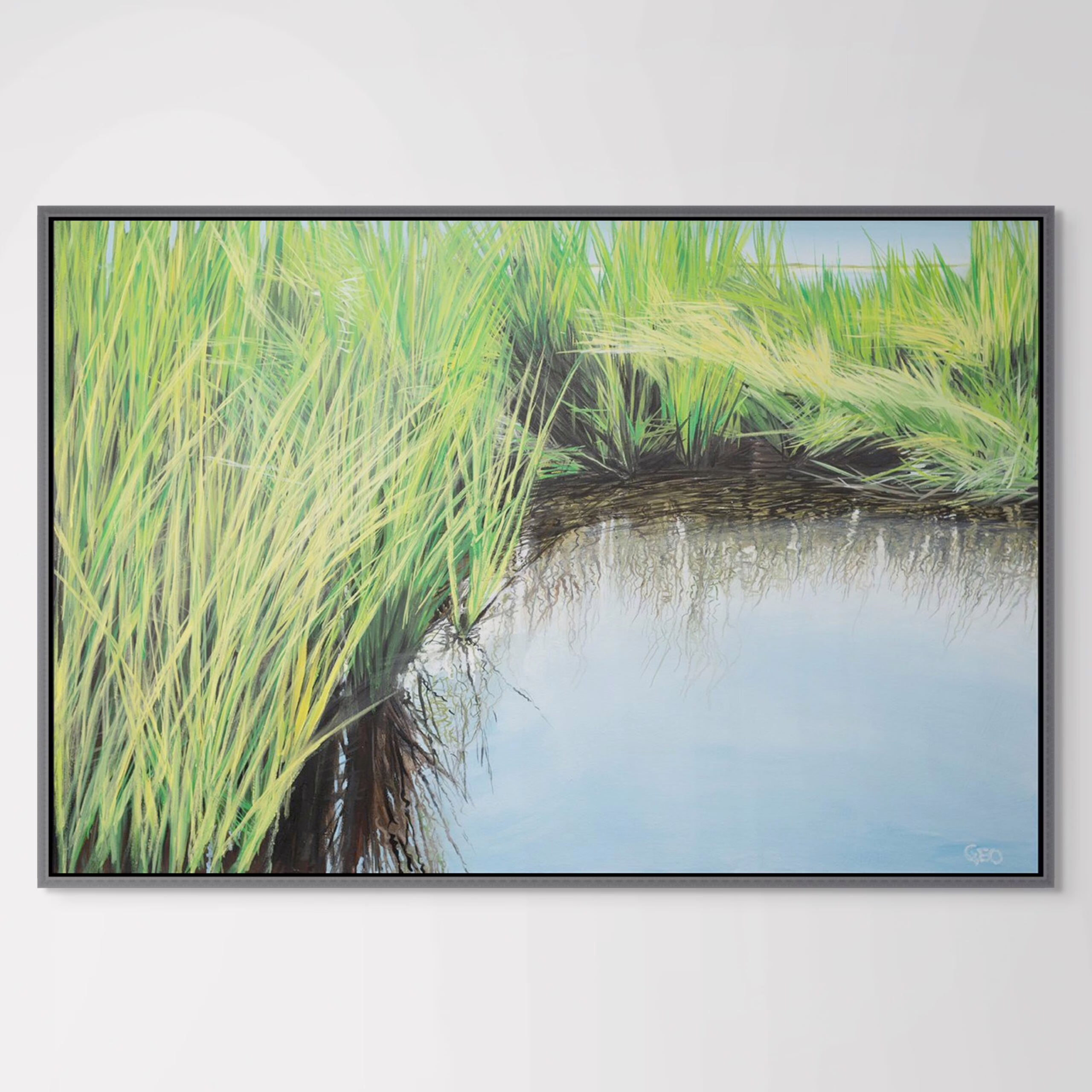 Seaside painting "Summer Day" catches the motion of water through the marsh grasses, the vibrant greens and yellows of a summer marsh. Close perspective to invite the viewer into the lushness of the marsh by contemporary coastal landscape artist Geo McElroy.