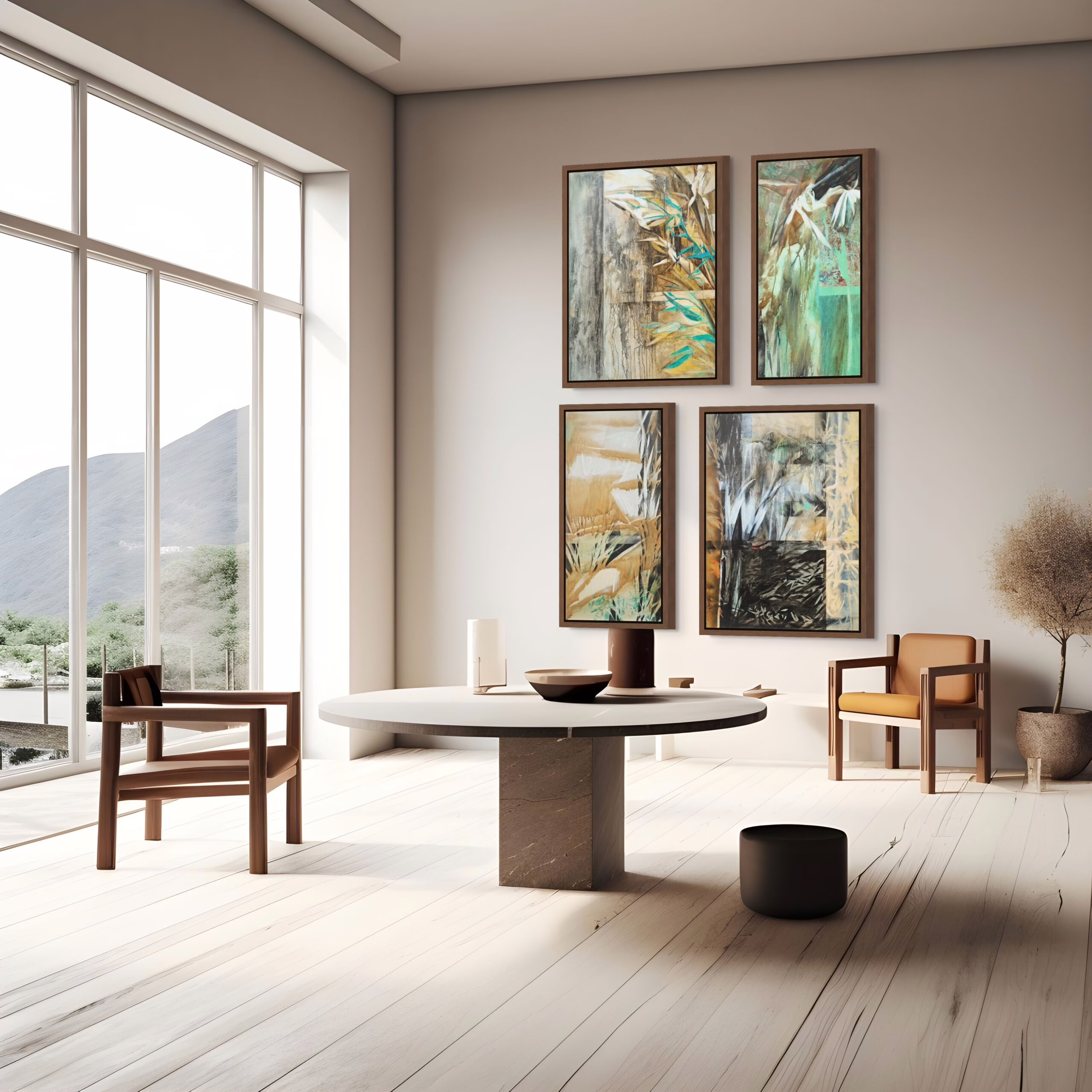 Abstract Modular Coastal Wetlands collection of 4 framed prints showing nature and wetlands plant forms in water and geometric forms in Black white tan rust aqua and orange in a contemporary interior by Jo Fleming.